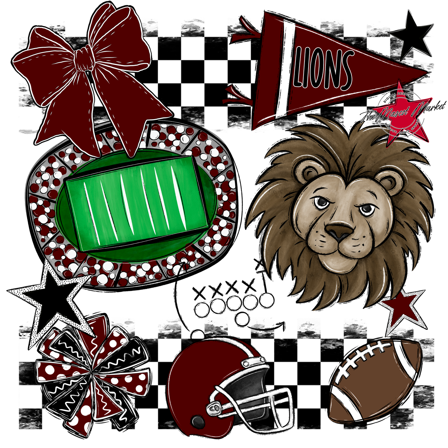 Lions Checkers Mascot Spirit Design-Maroon
