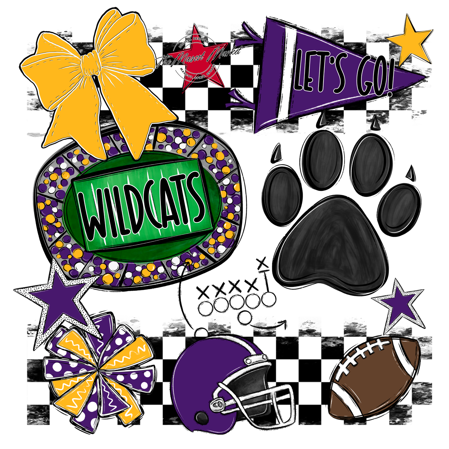 Wildcats Checkers Mascot Spirit Design w Paw-Purple-Yellow
