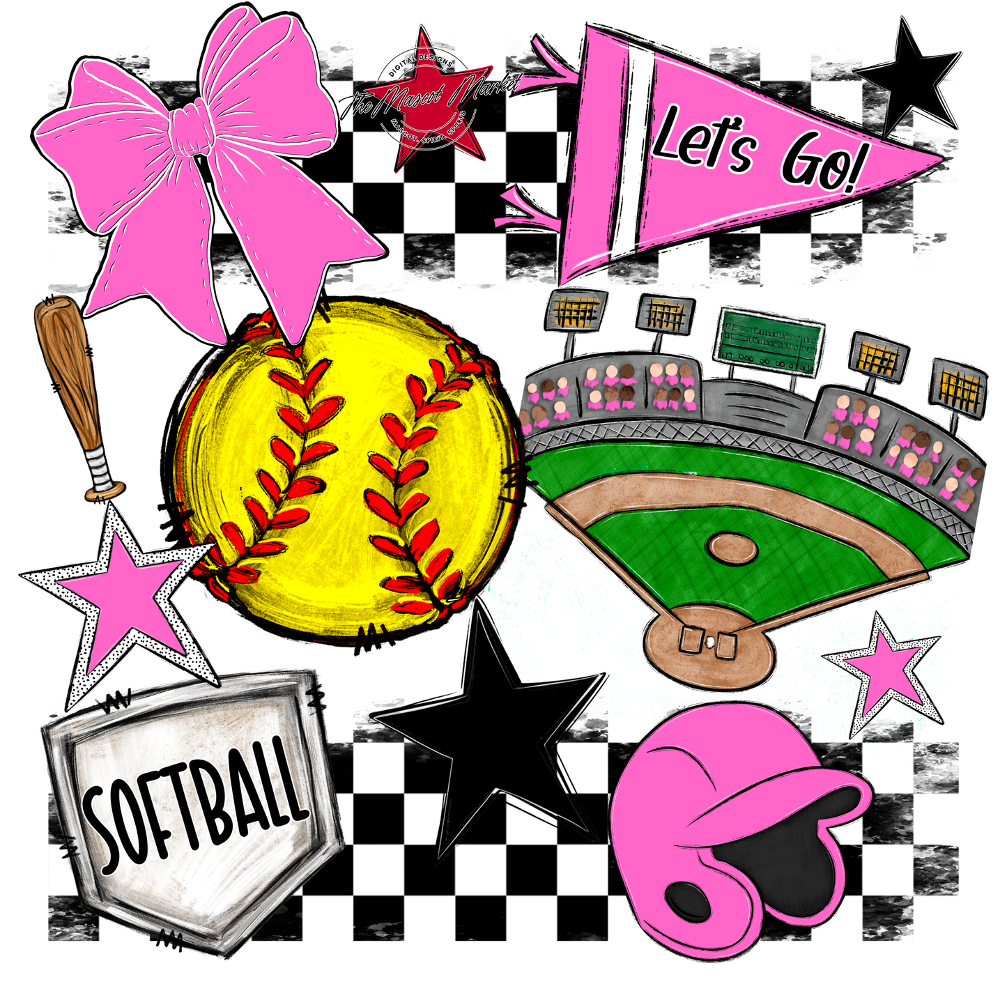 Softball Checkers Spirit Design-Baby Pink