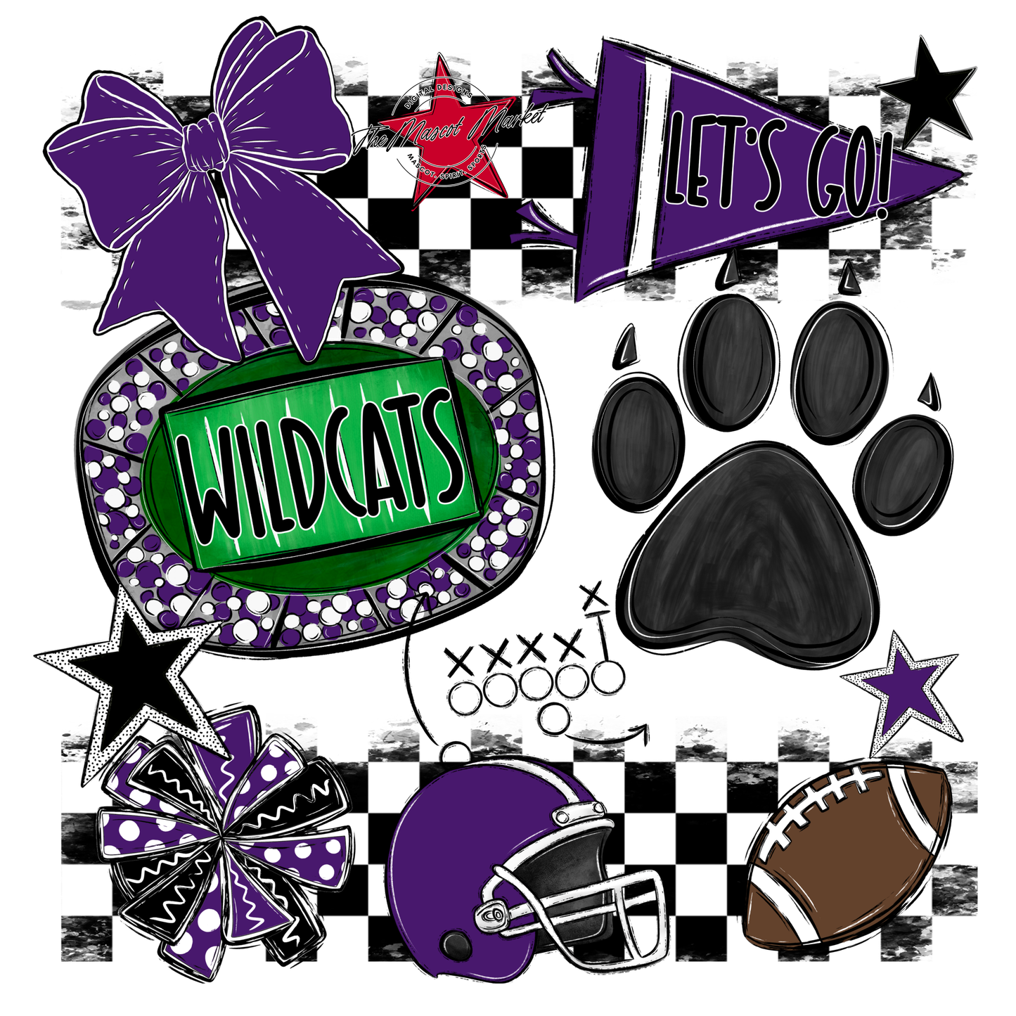 Wildcats Checkers Mascot Spirit Design w Paw-Purple