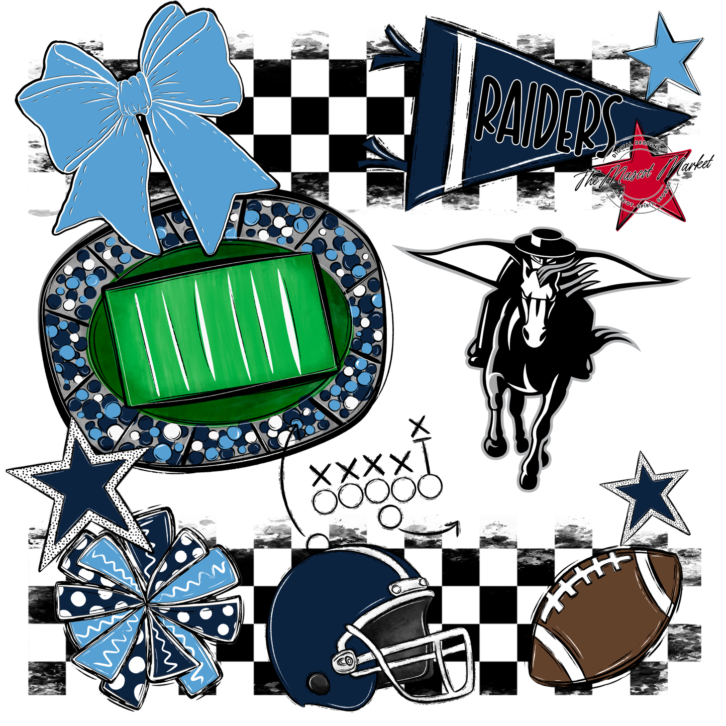 Raiders Checkers Mascot Spirit Design-Navy-Carolina Blue