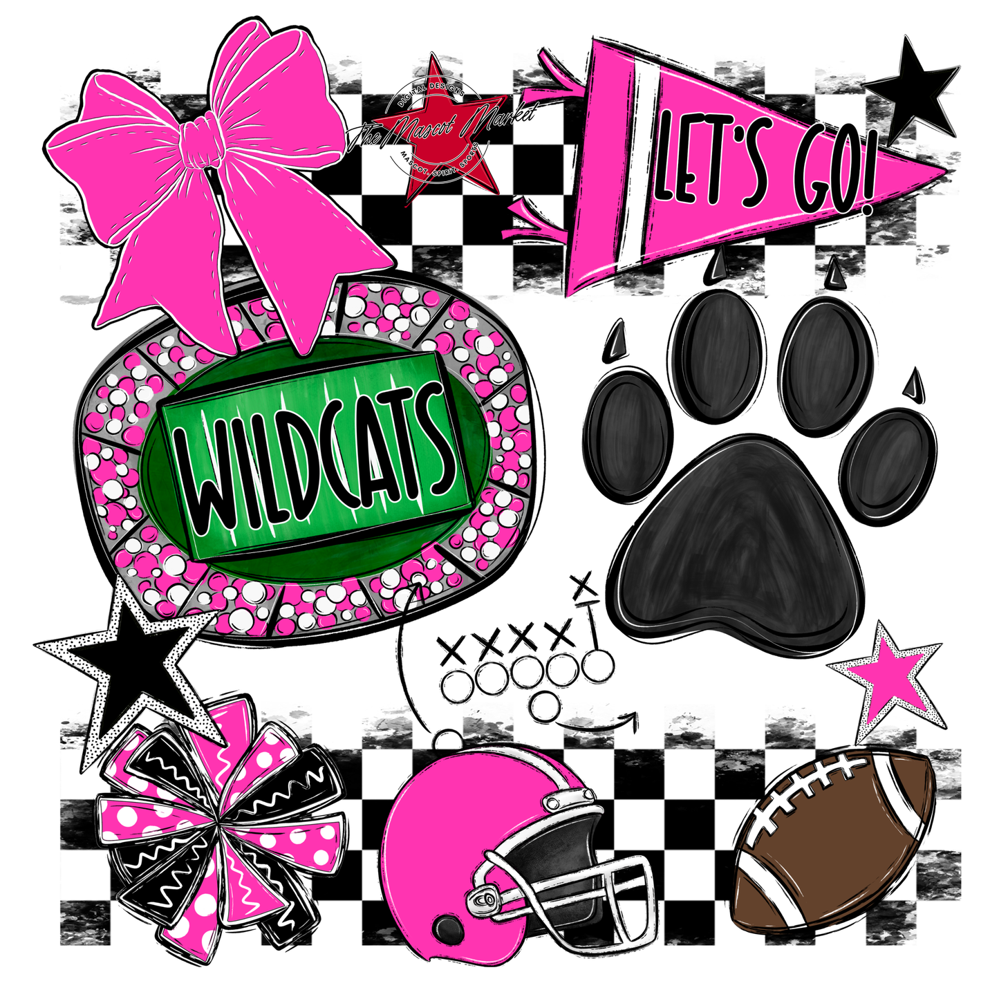 Wildcats Checkers Mascot Spirit Design w Paw-Pink
