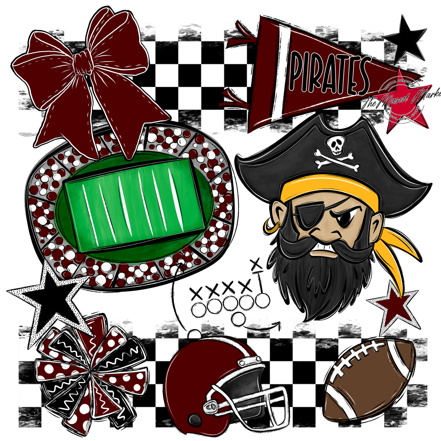 Pirates Checkers Mascot Spirit Design-Maroon
