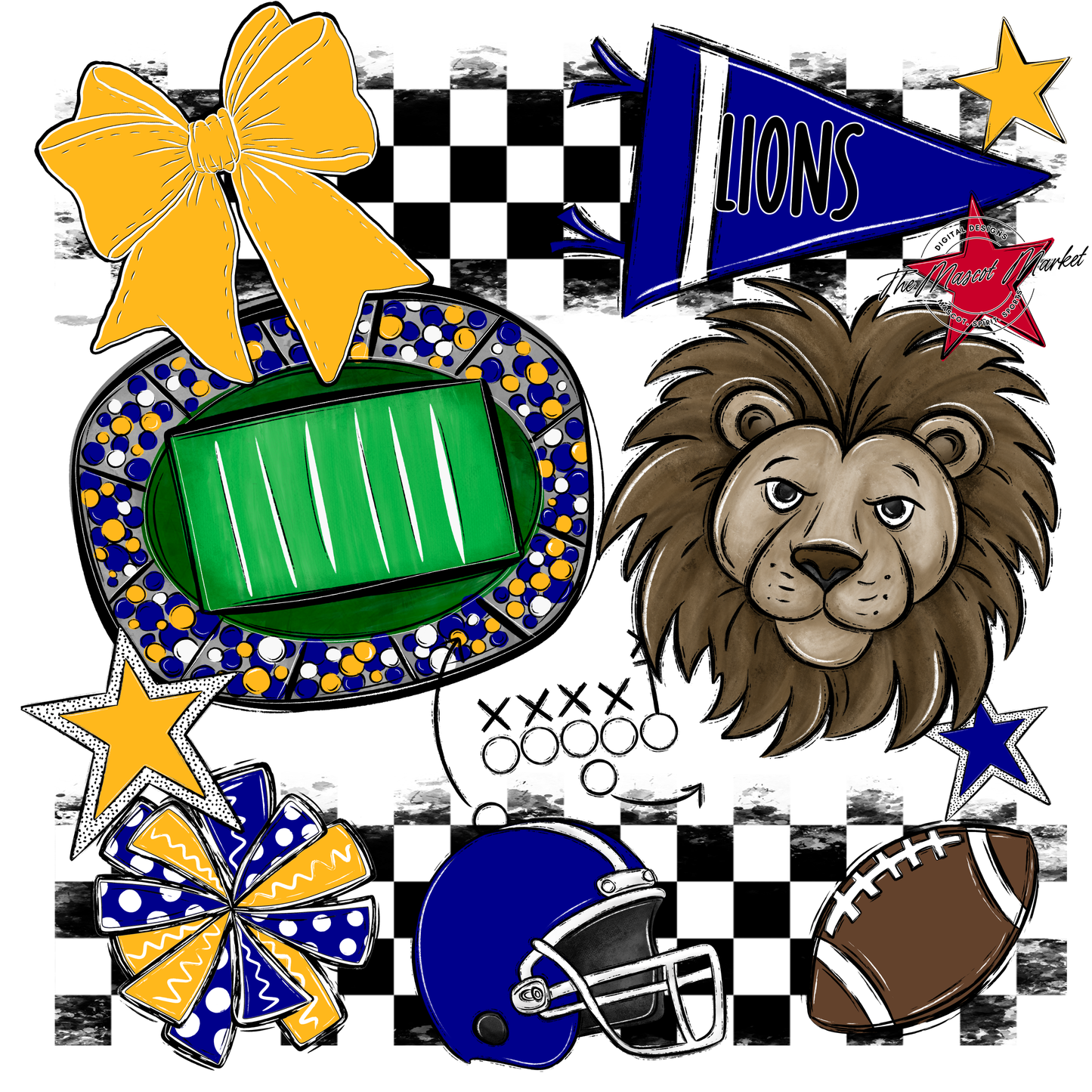 Lions Checkers Mascot Spirit Design-Blue-Yellow