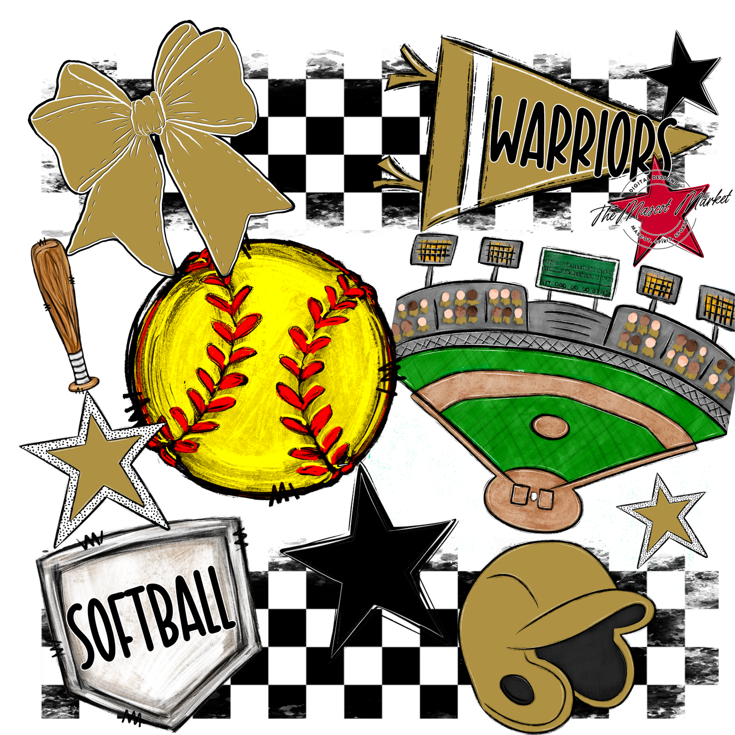 Warriors Checkers Softball Spirit Design-Gold