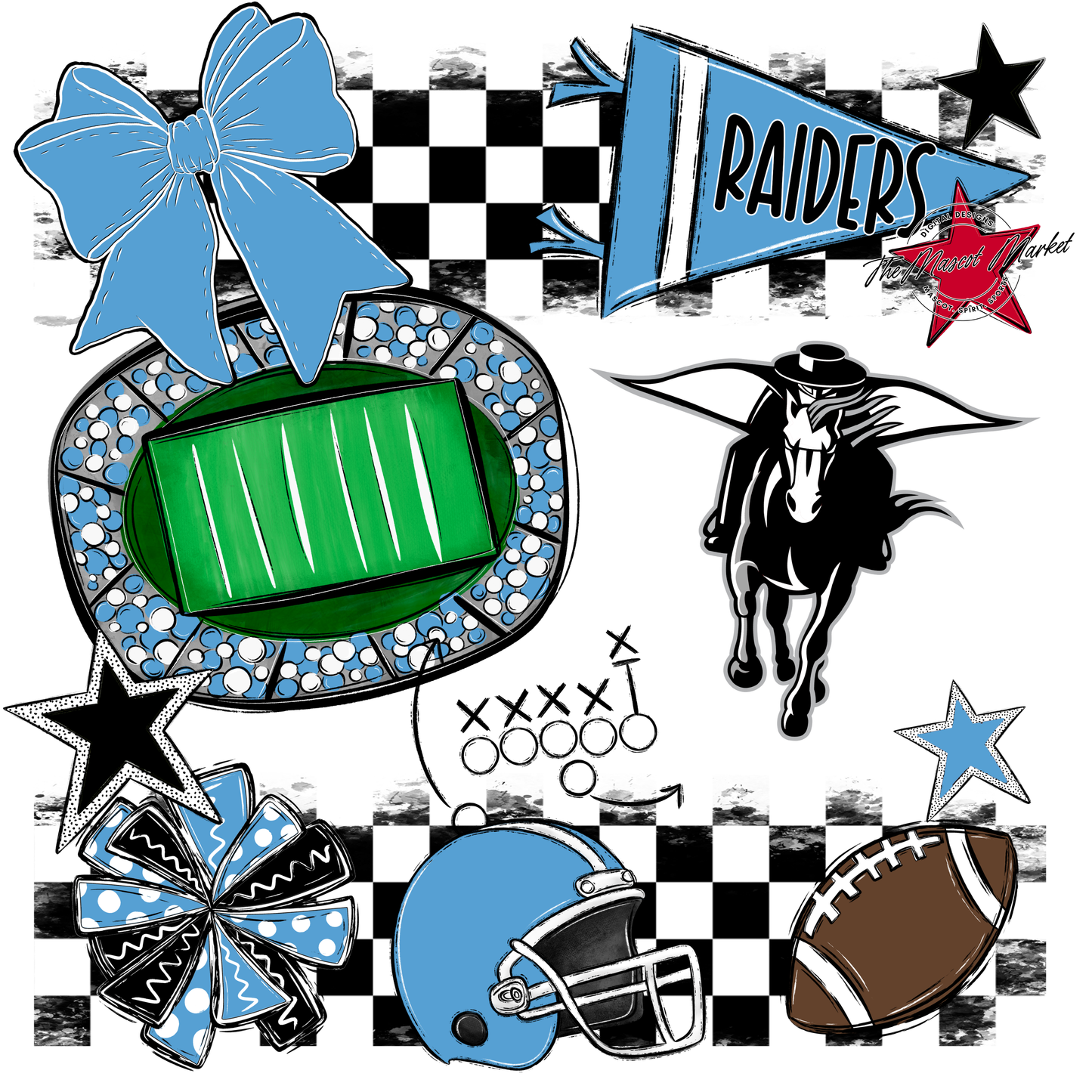 Raiders Checkers Mascot Spirit Design-Carolina Blue