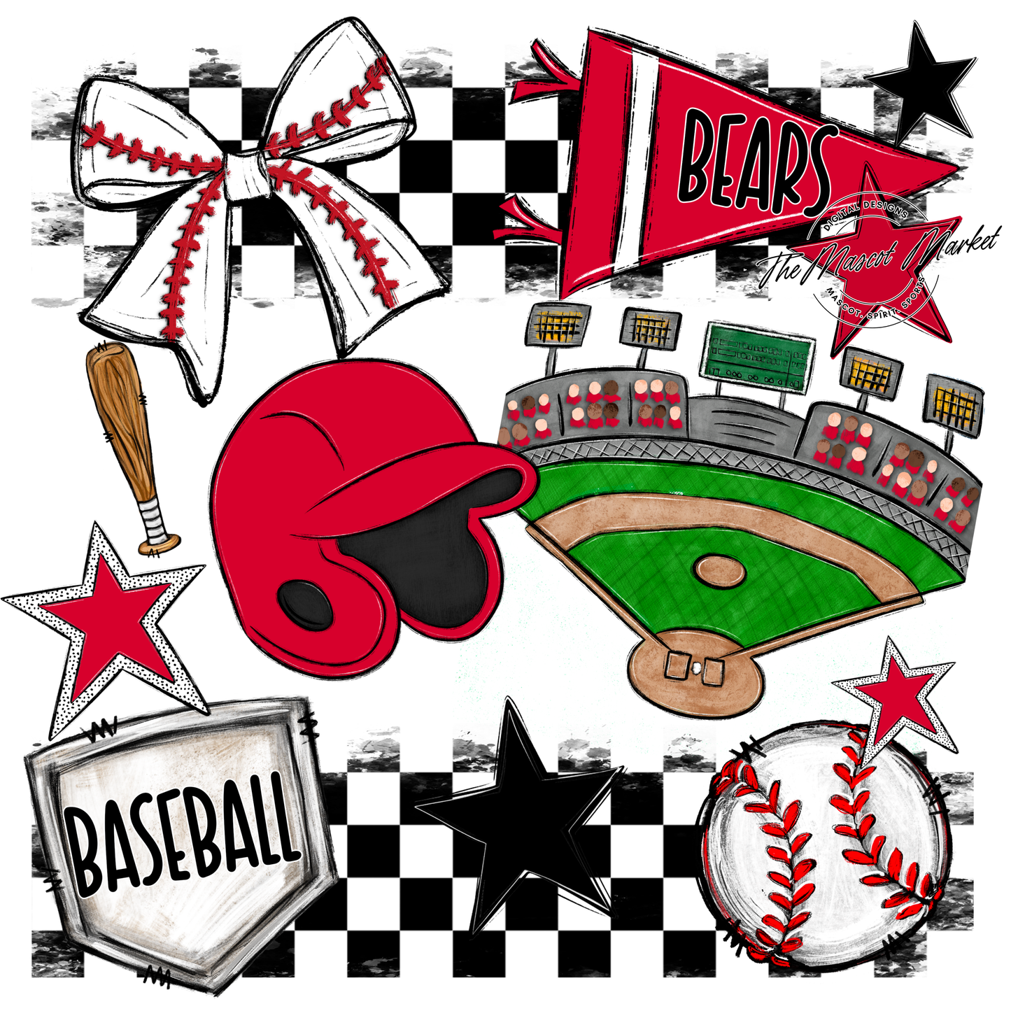 Bears Baseball Checkers Design-Red