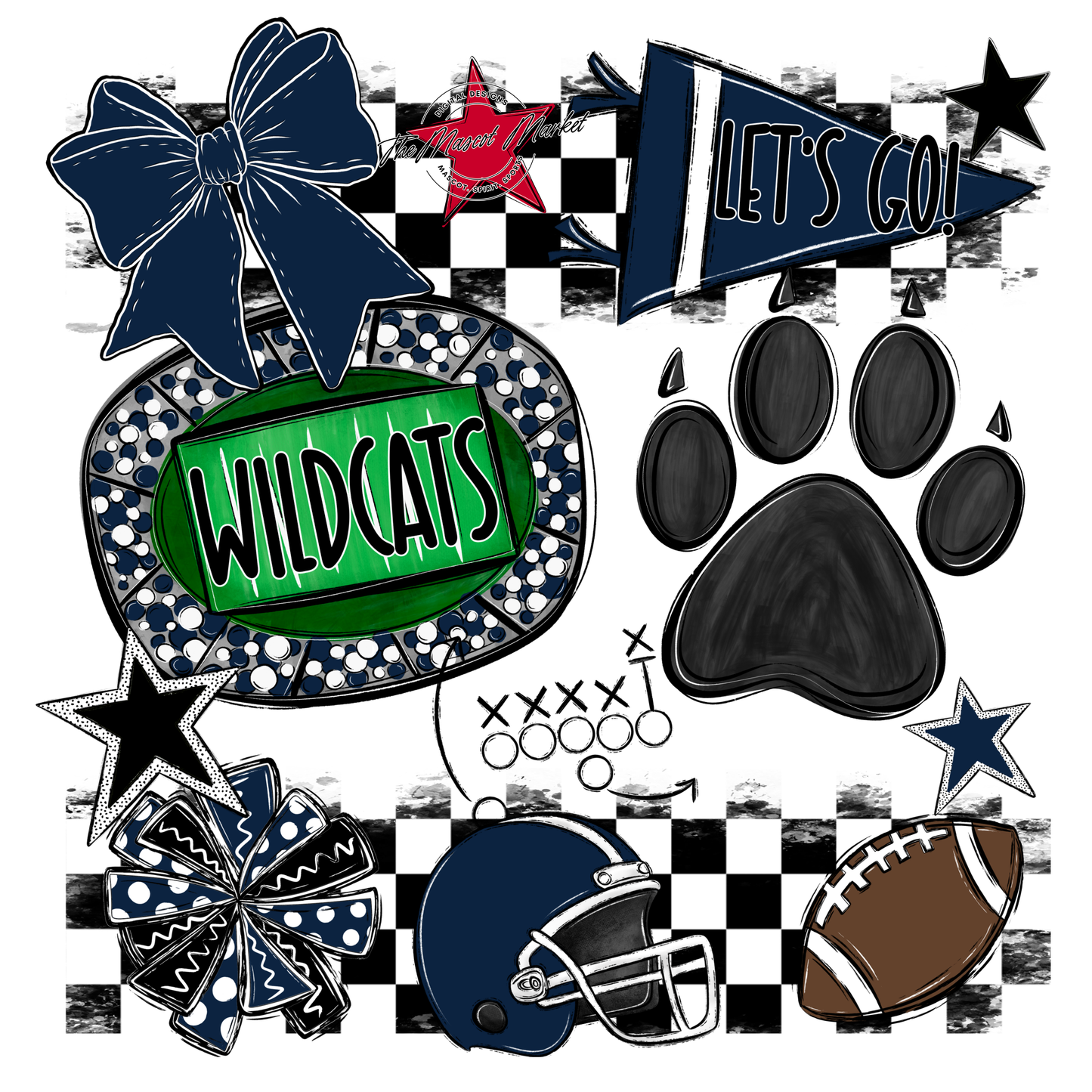 Wildcats Checkers Mascot Spirit Design w Paw-Navy