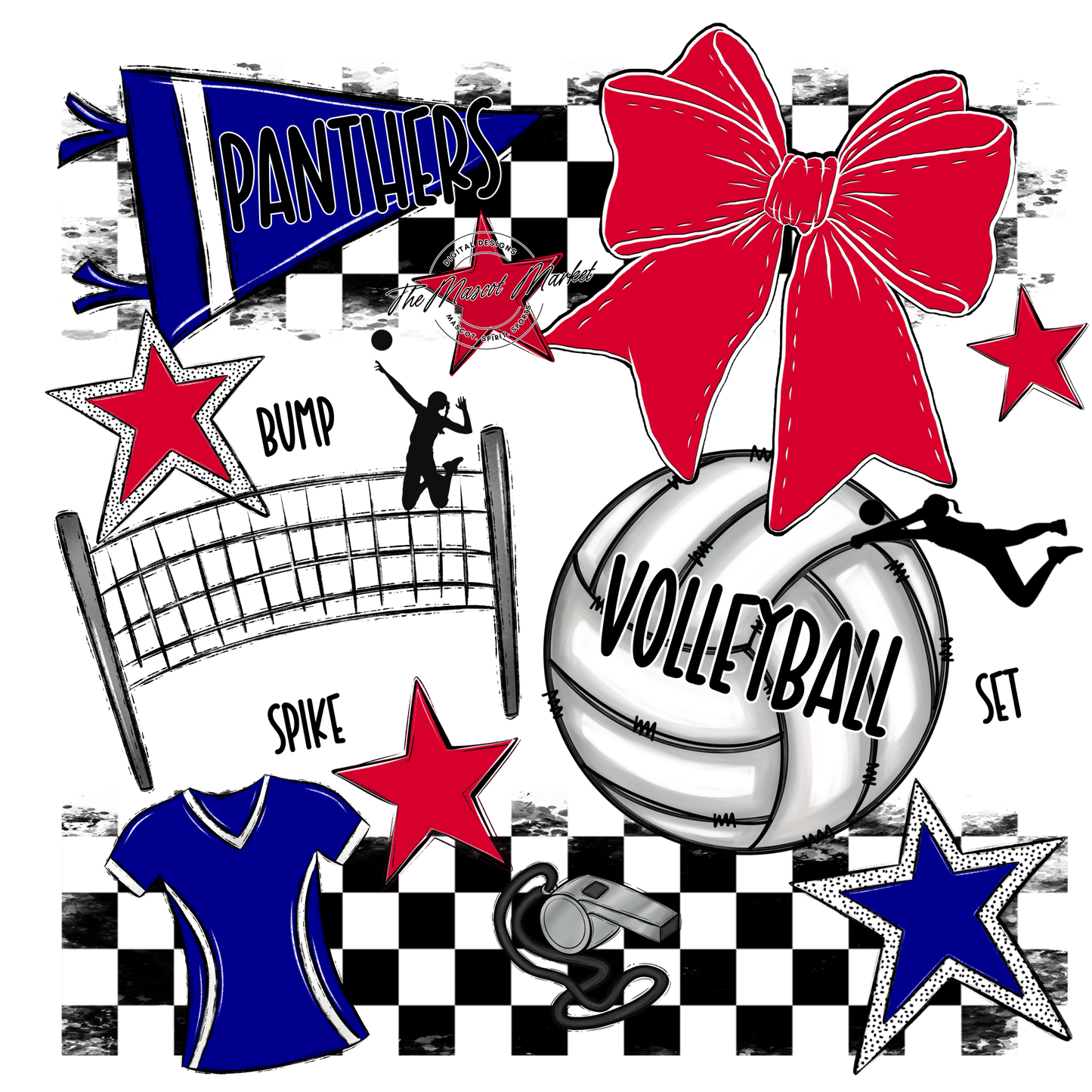 Panthers Checkers Volleyball Spirit Design-Blue-Red