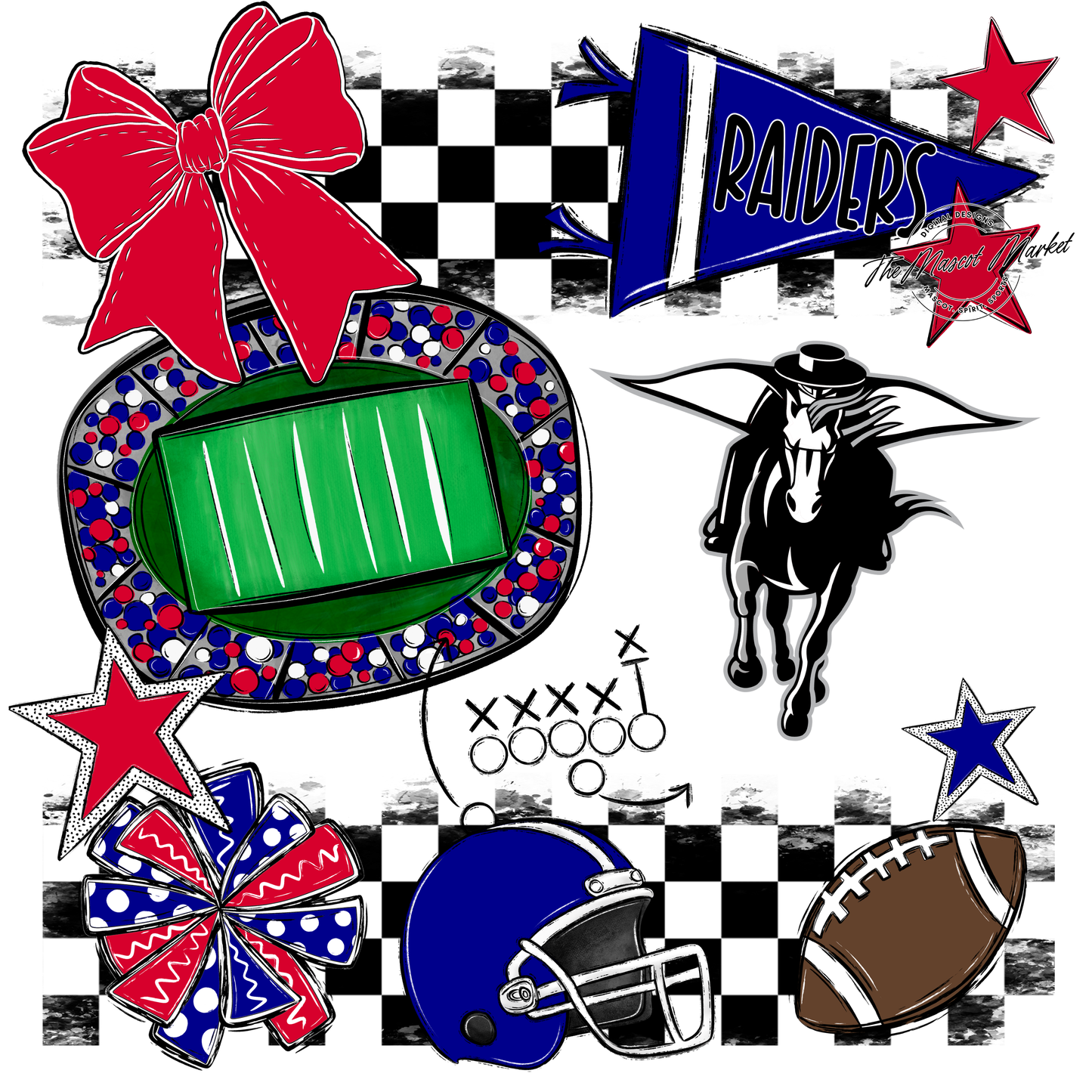 Raiders Checkers Mascot Spirit Design-Blue-Red