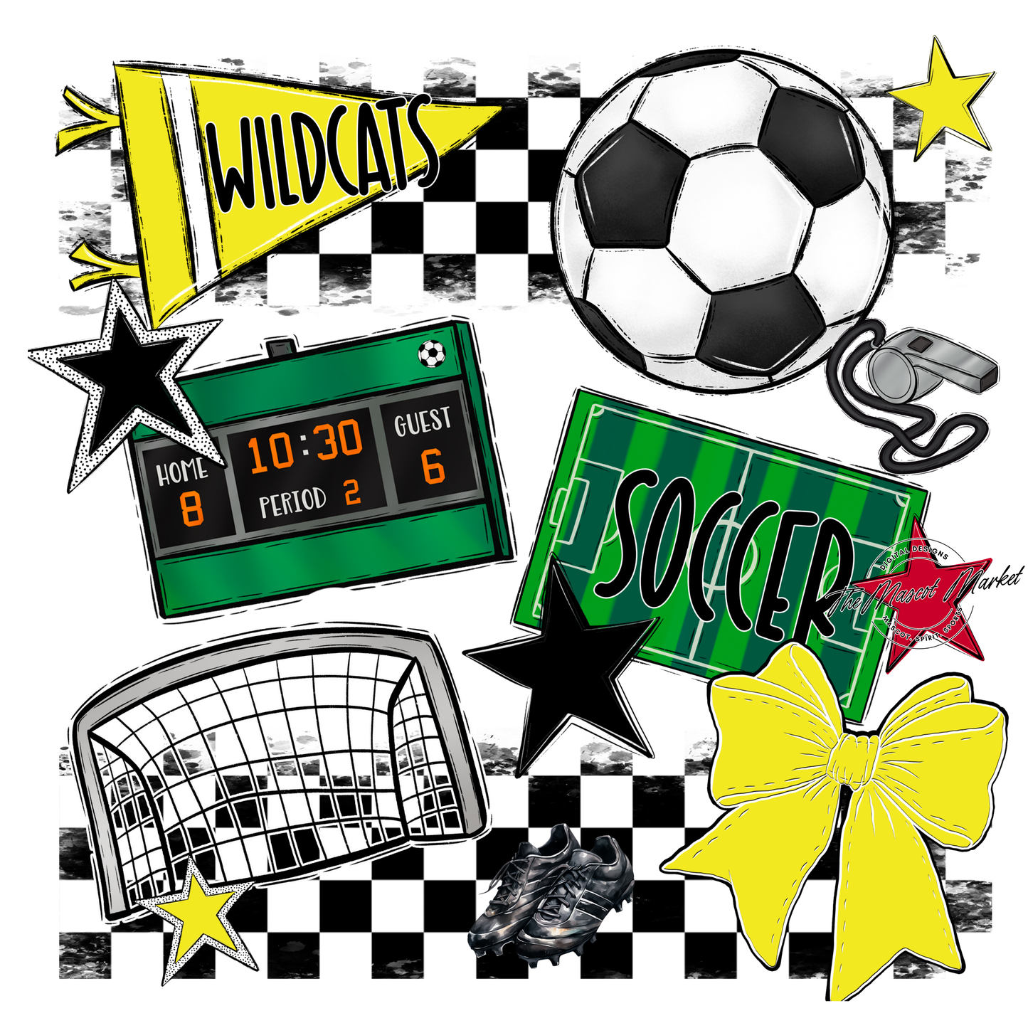 Wildcats Checkers Soccer Spirit Design-Bright Yellow