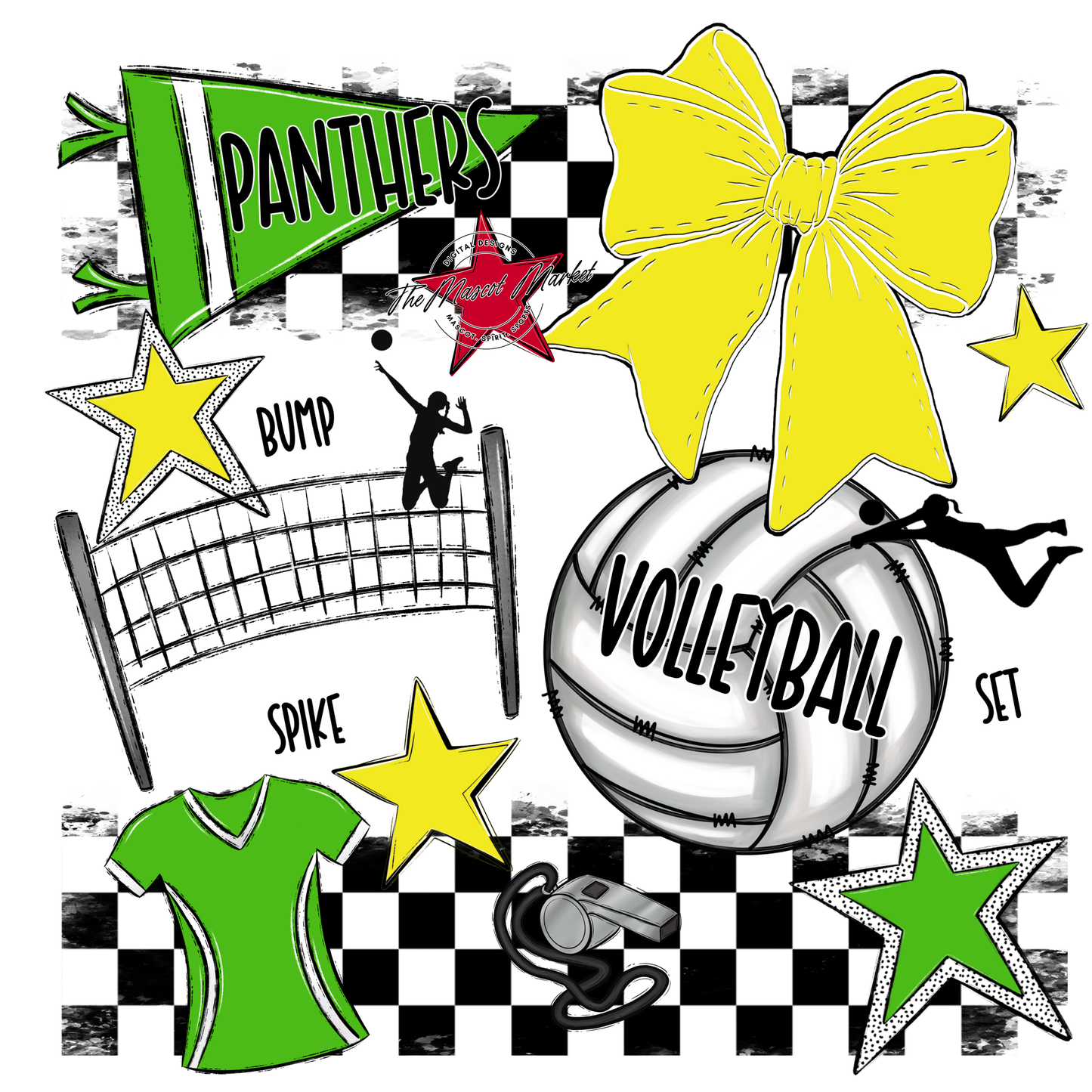Panthers Checkers Volleyball Spirit Design-Bright Green-Bright Yellow