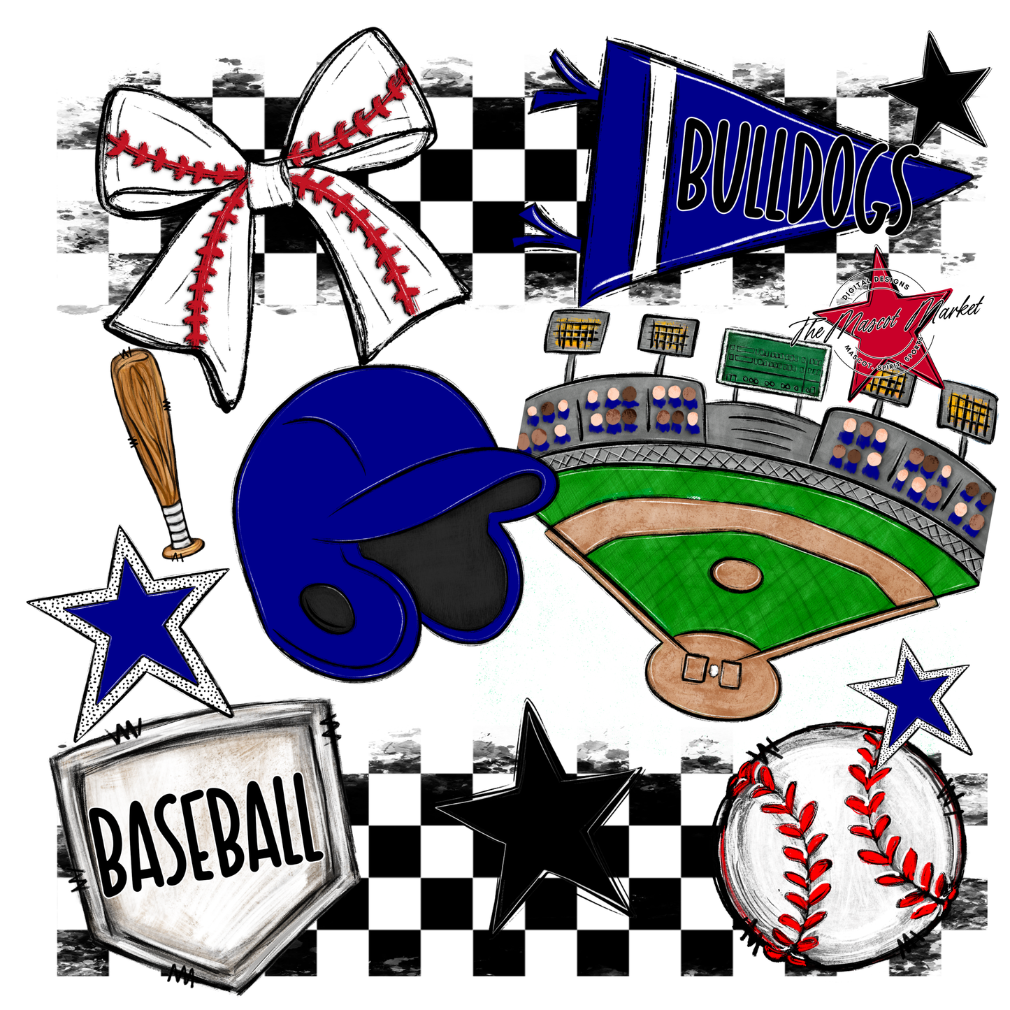 Bulldogs Checkers Baseball Spirit Design-Blue
