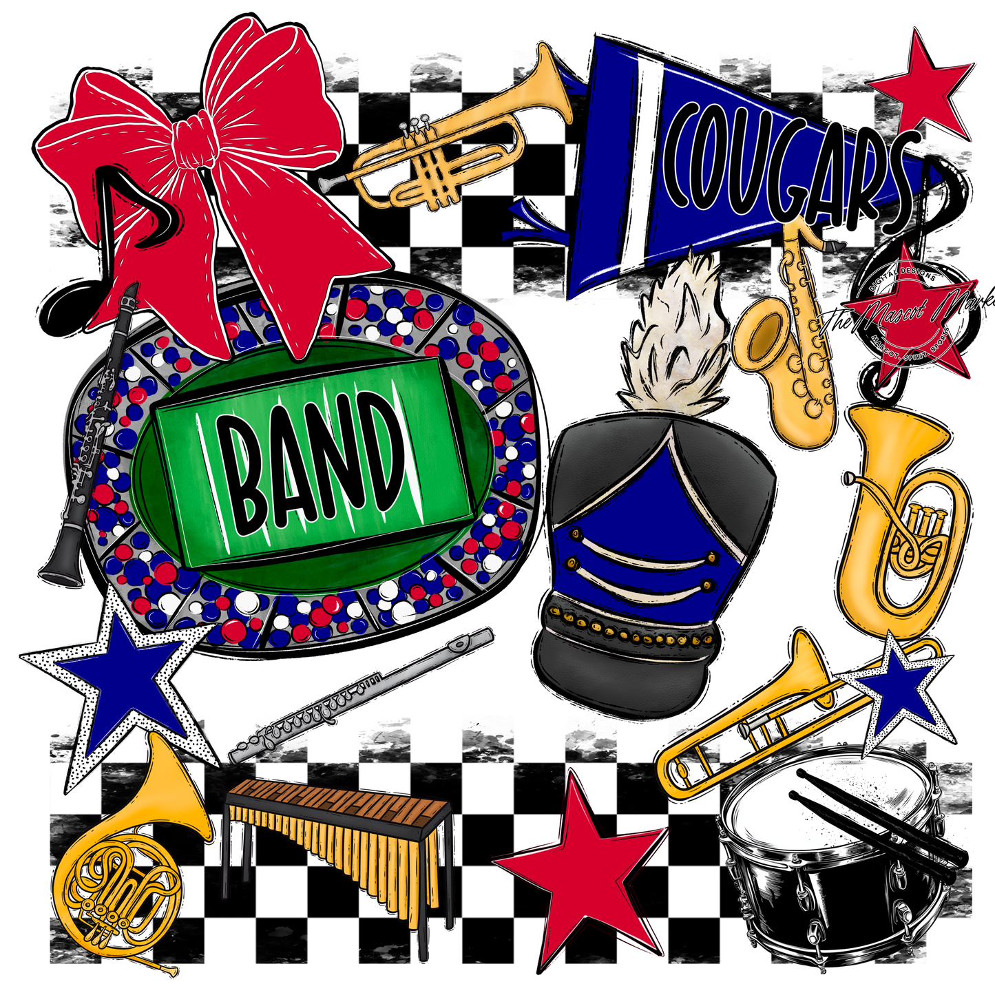 Cougars Checkers Band Spirit Design-Blue-Red