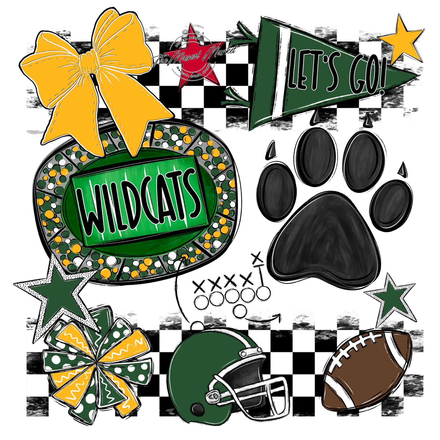 Wildcats Checkers Mascot Spirit Design w Paw-Green-Yellow