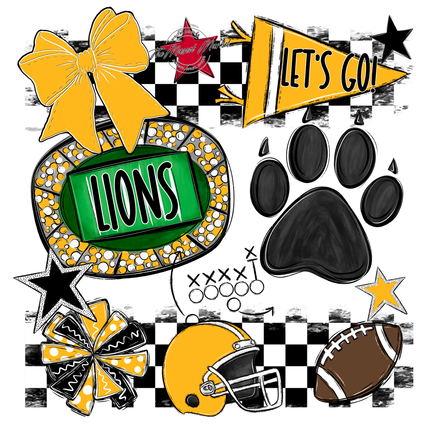 Lions Checkers Mascot Spirit Design w Paw-Yellow