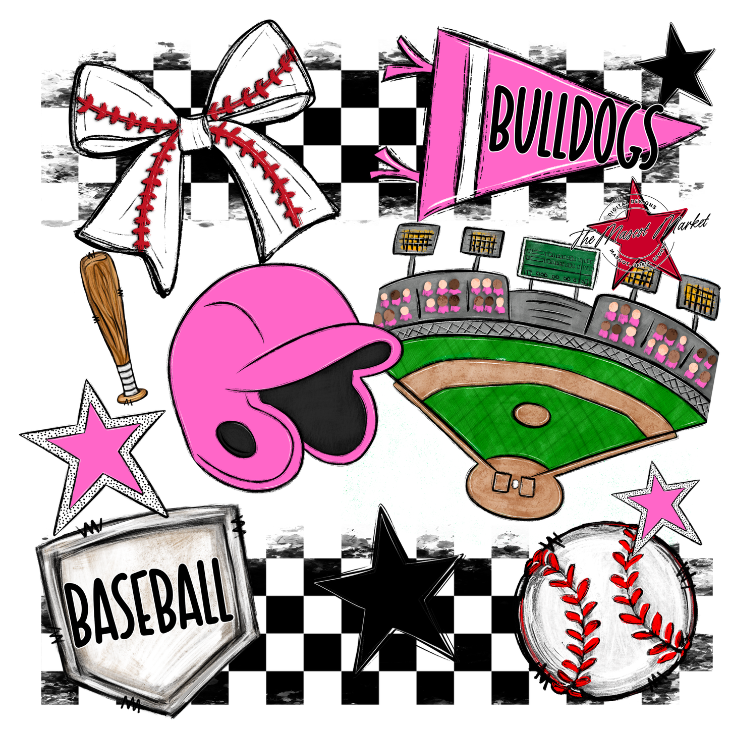 Bulldogs Checkers Baseball Spirit Design-Baby Pink