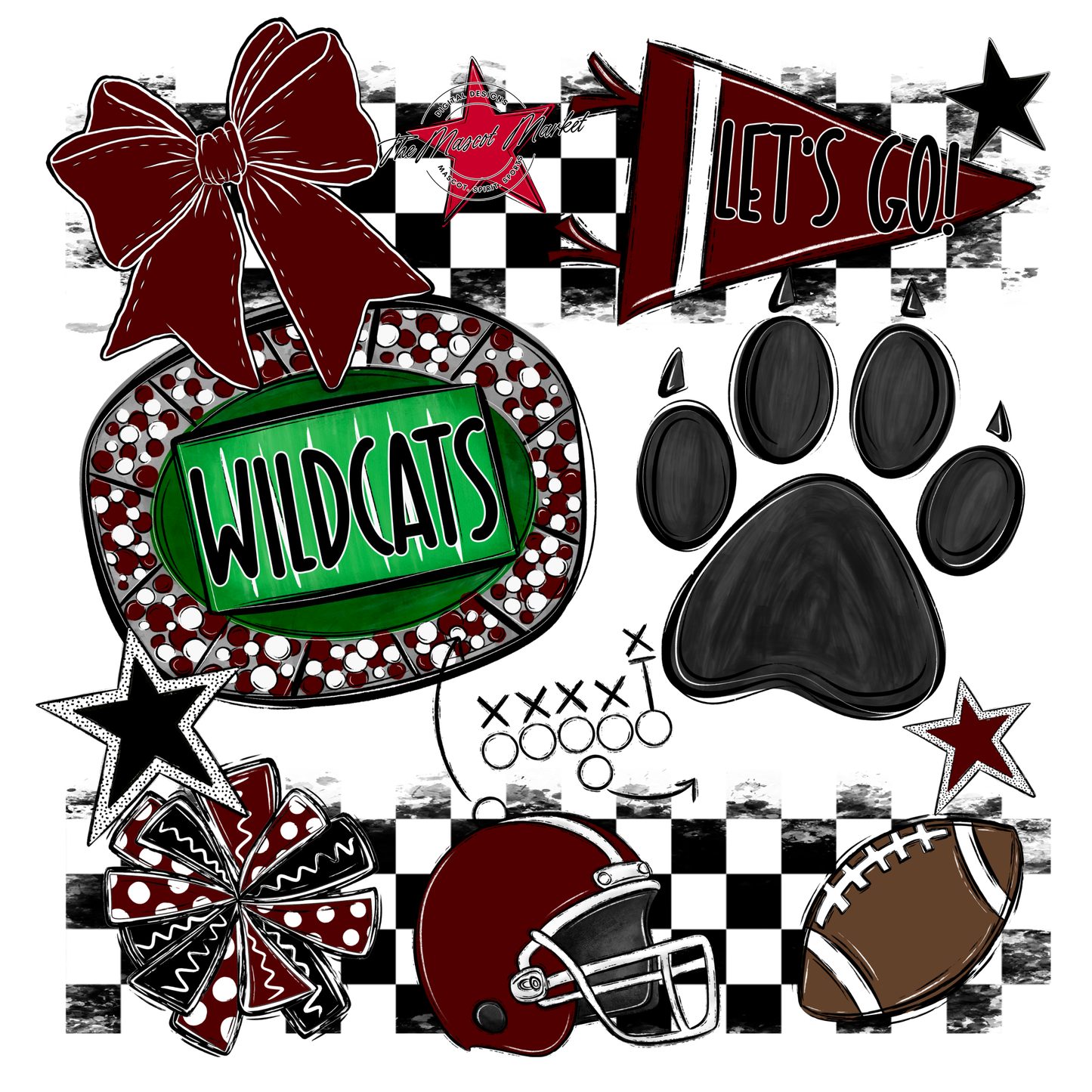 Wildcats Checkers Mascot Spirit Design w Paw-Maroon
