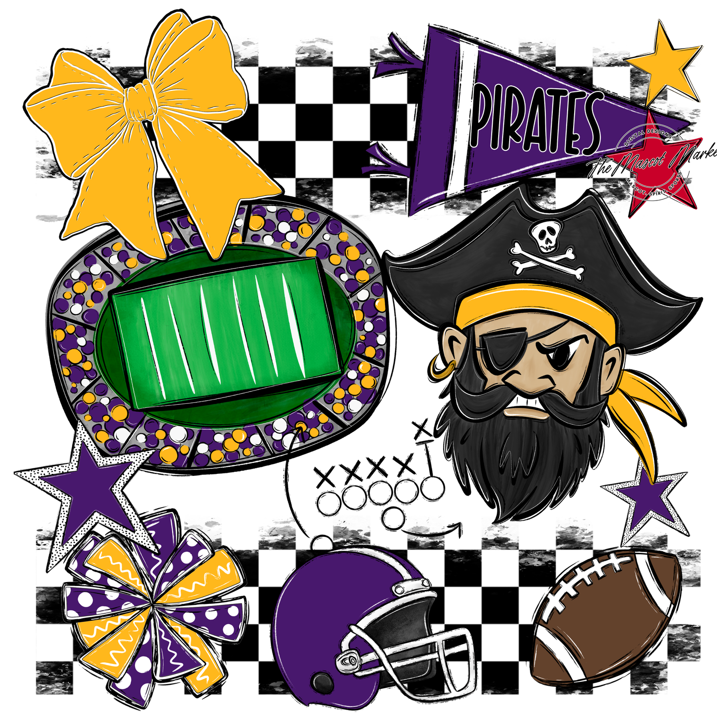 Pirates Checkers Mascot Spirit Design-Purple-Yellow