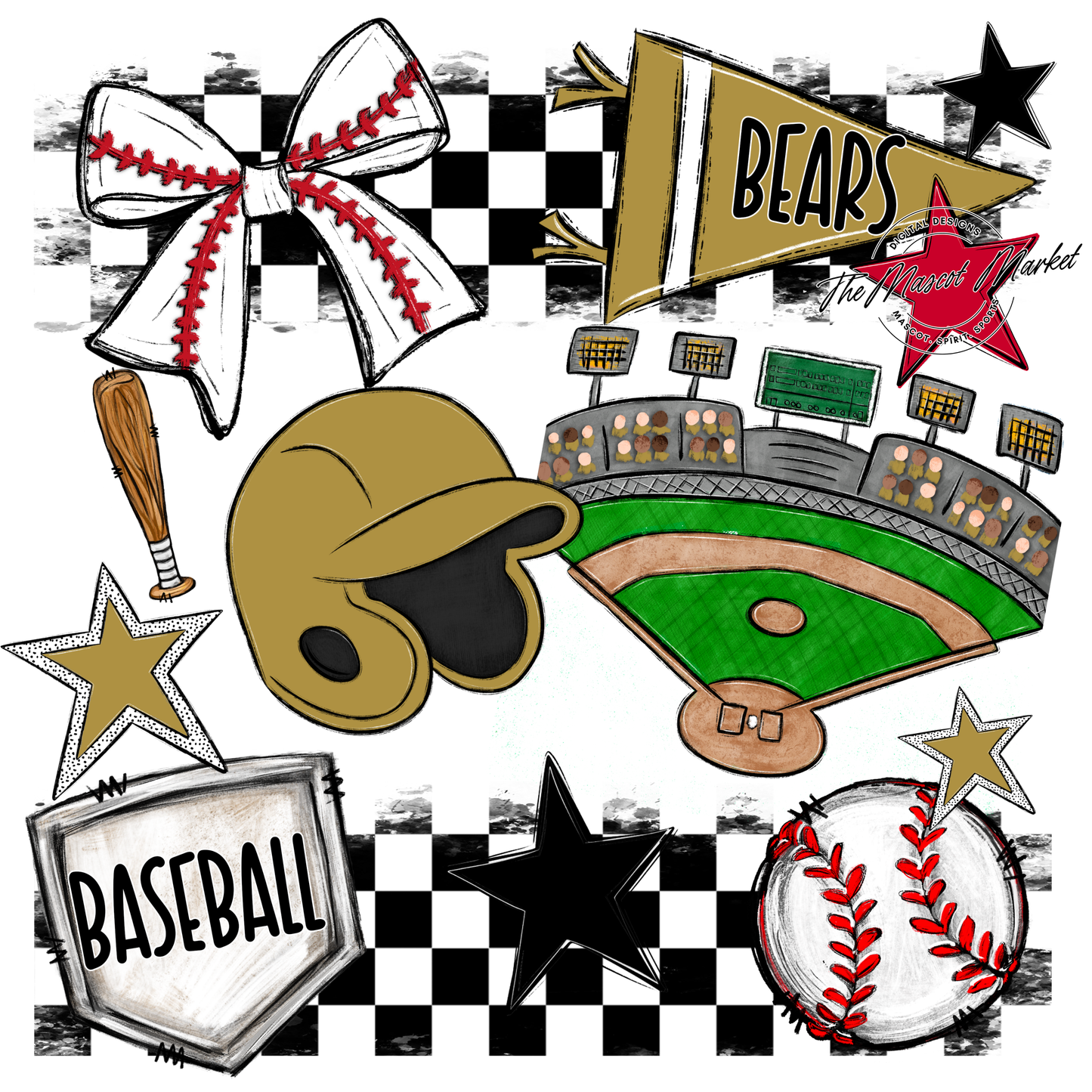 Bears Baseball Checkers Design-Gold