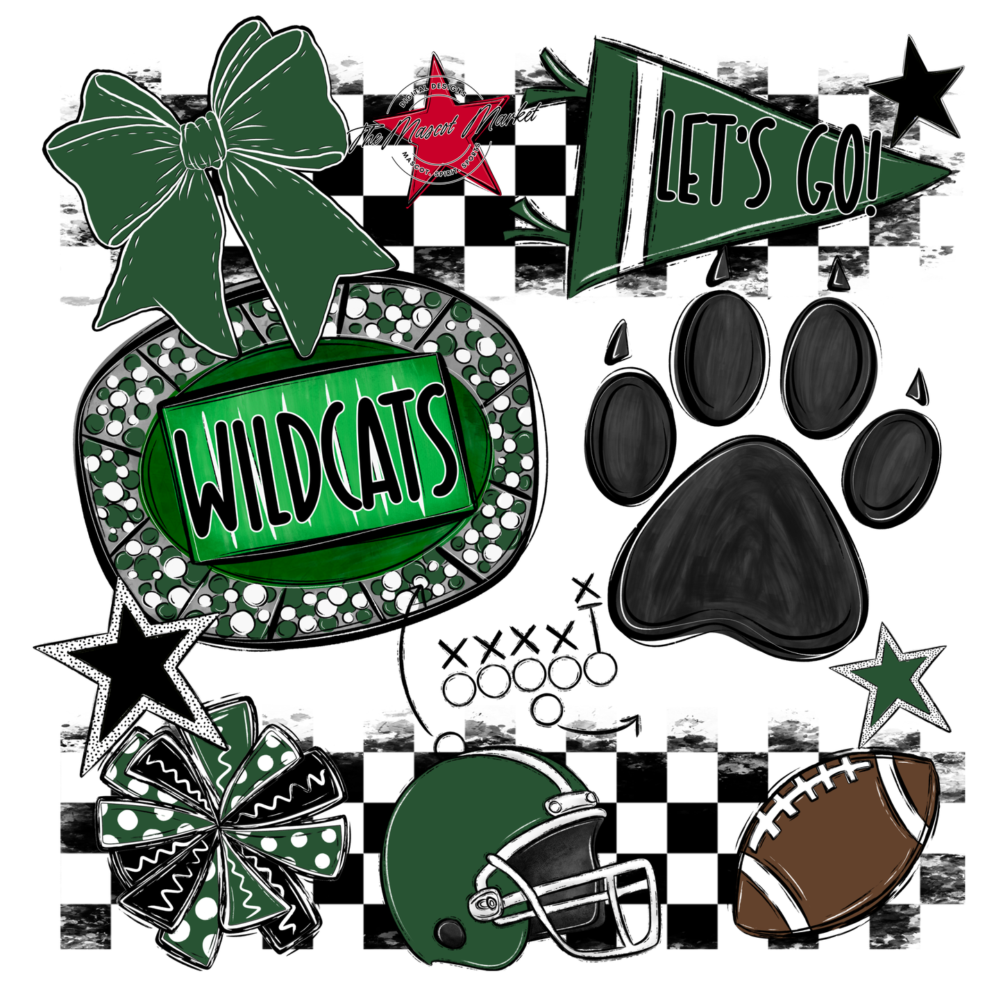 Wildcats Checkers Mascot Spirit Design w Paw-Green