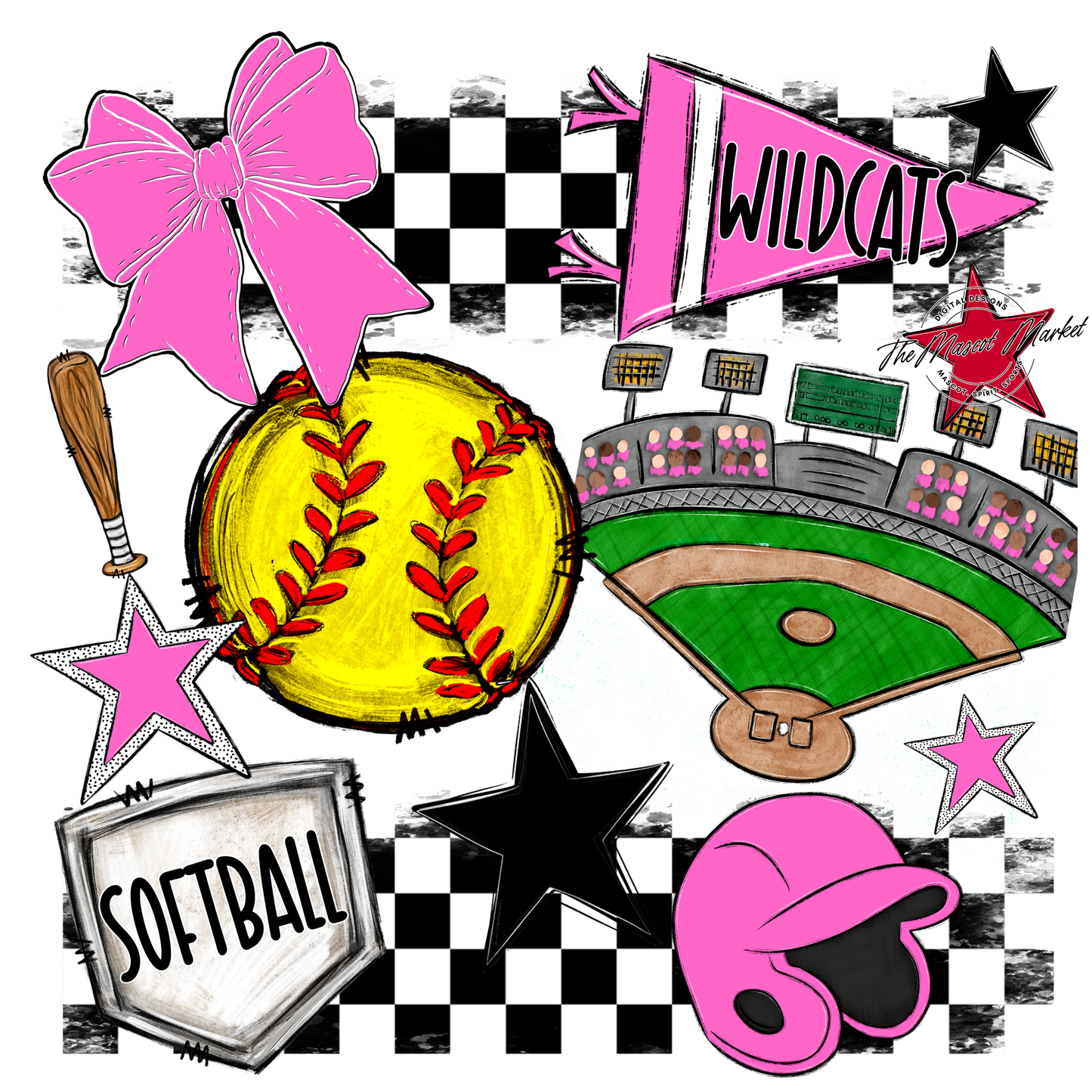 Wildcats Checkers Softball Spirit Design-Baby Pink