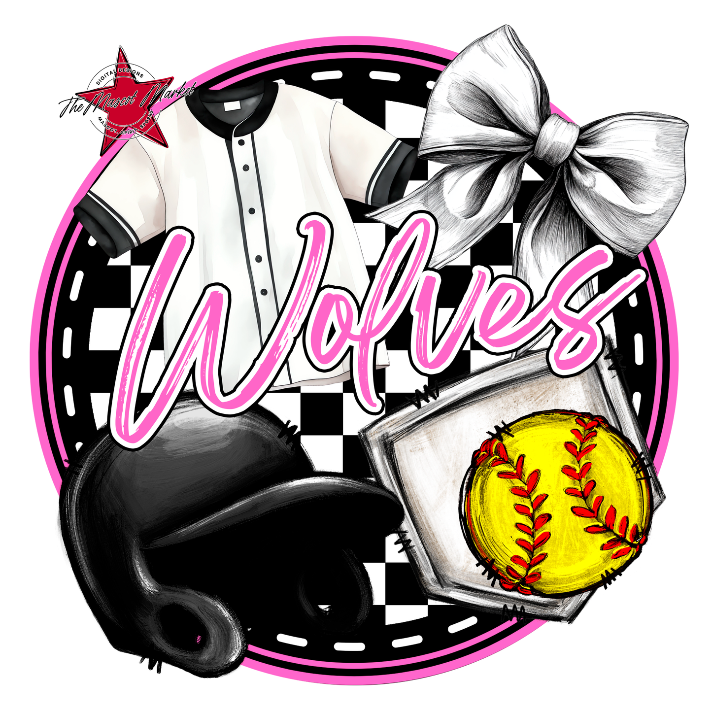 Wolves Circle Softball Design-Baby Pink