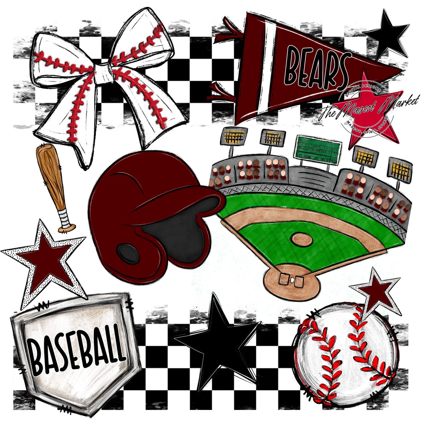 Bears Baseball Checkers Design-Maroon