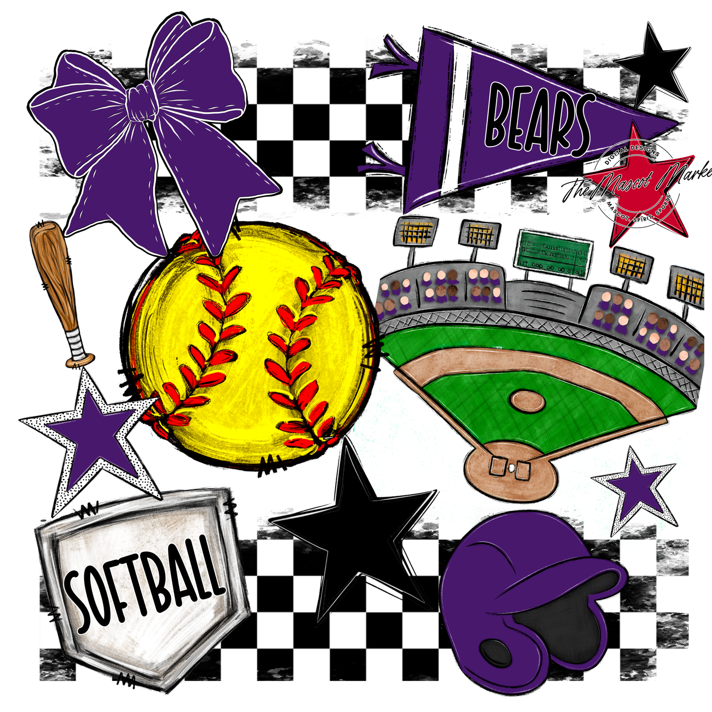 Bears Softball Checkers Design-Purple