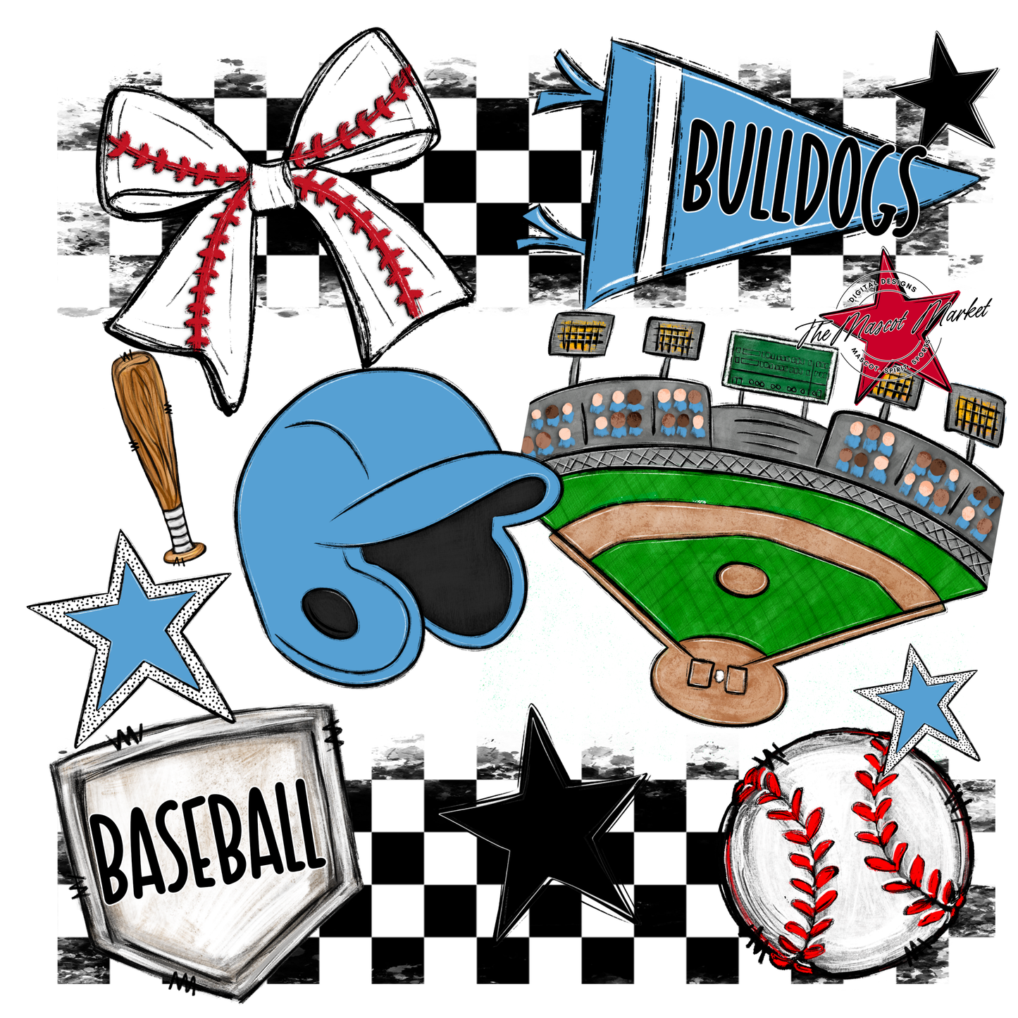 Bulldogs Checkers Baseball Spirit Design-Carolina Blue