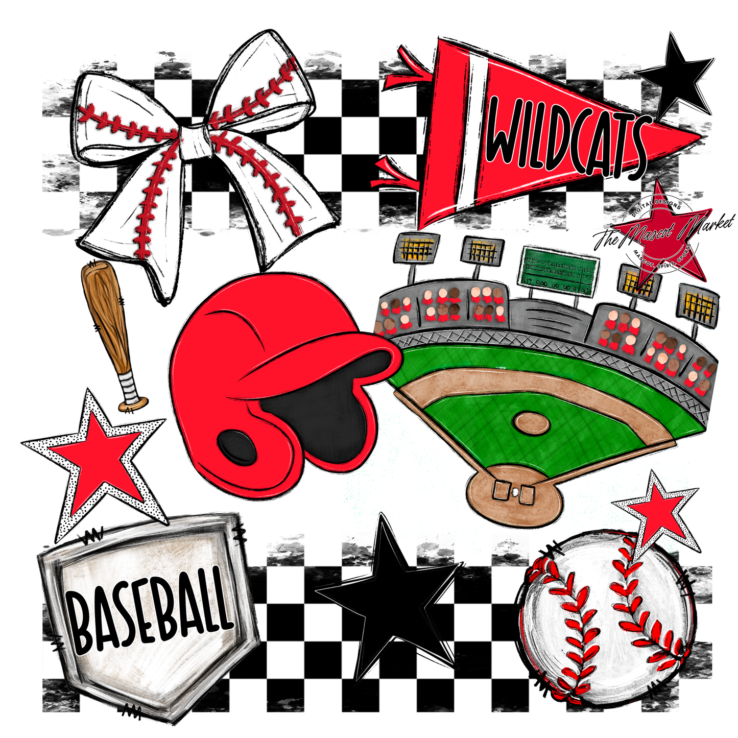 Wildcats Checkers Baseball Spirit Design-Bright Red