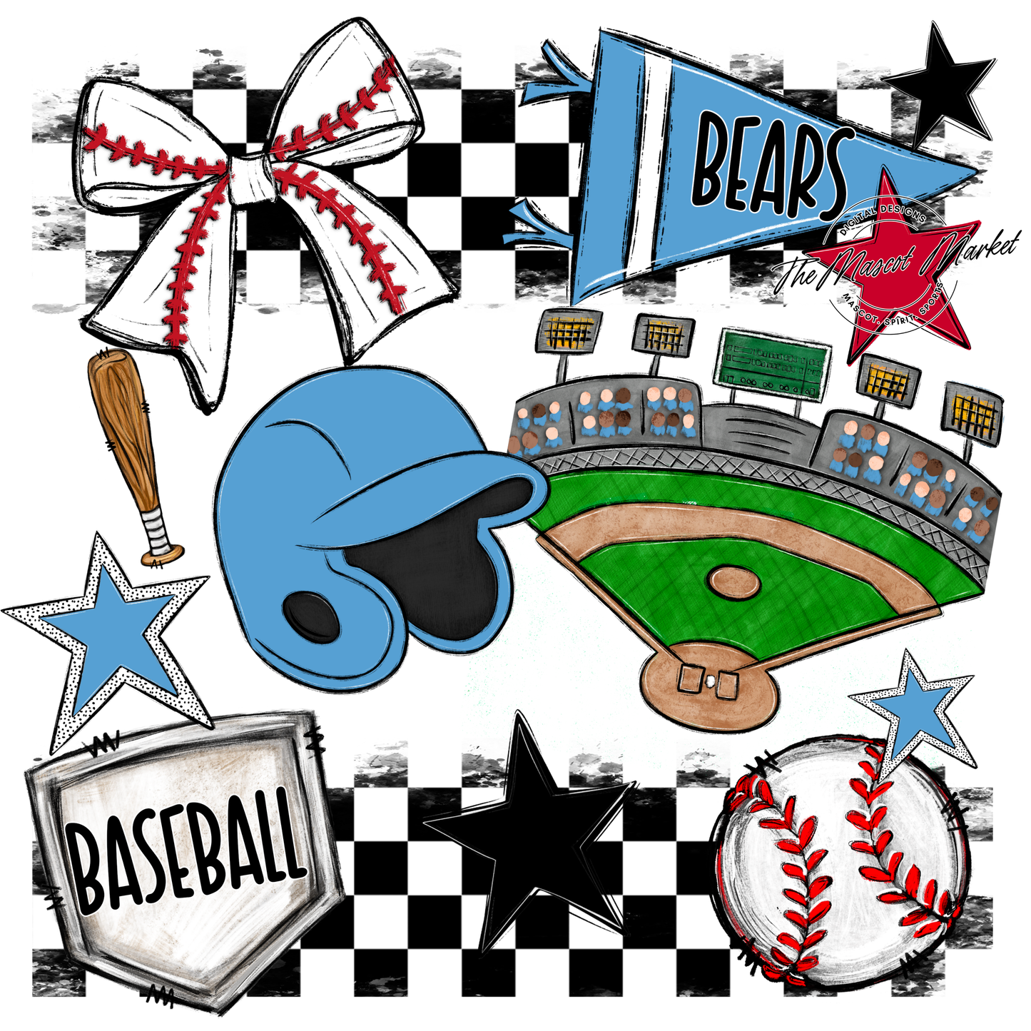Bears Baseball Checkers Design-Carolina Blue