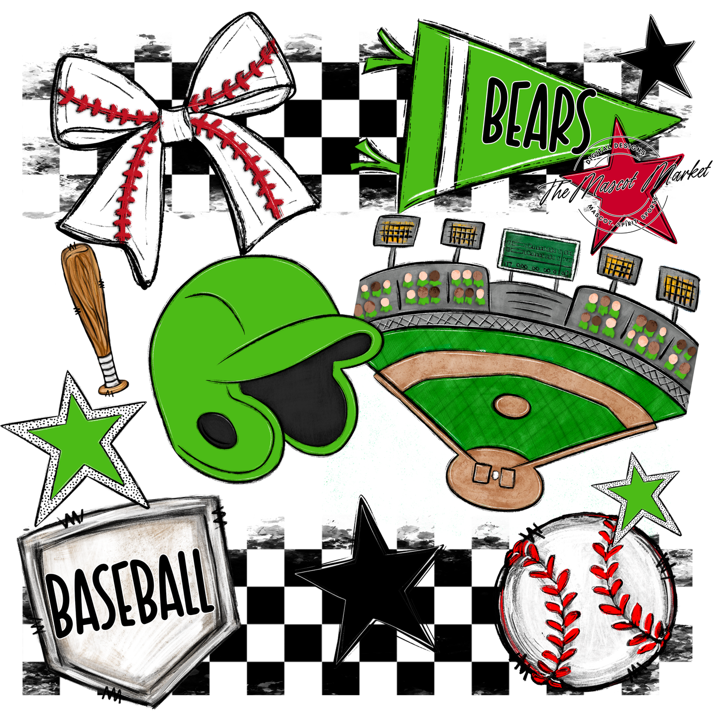 Bears Baseball Checkers Design-Bright Green