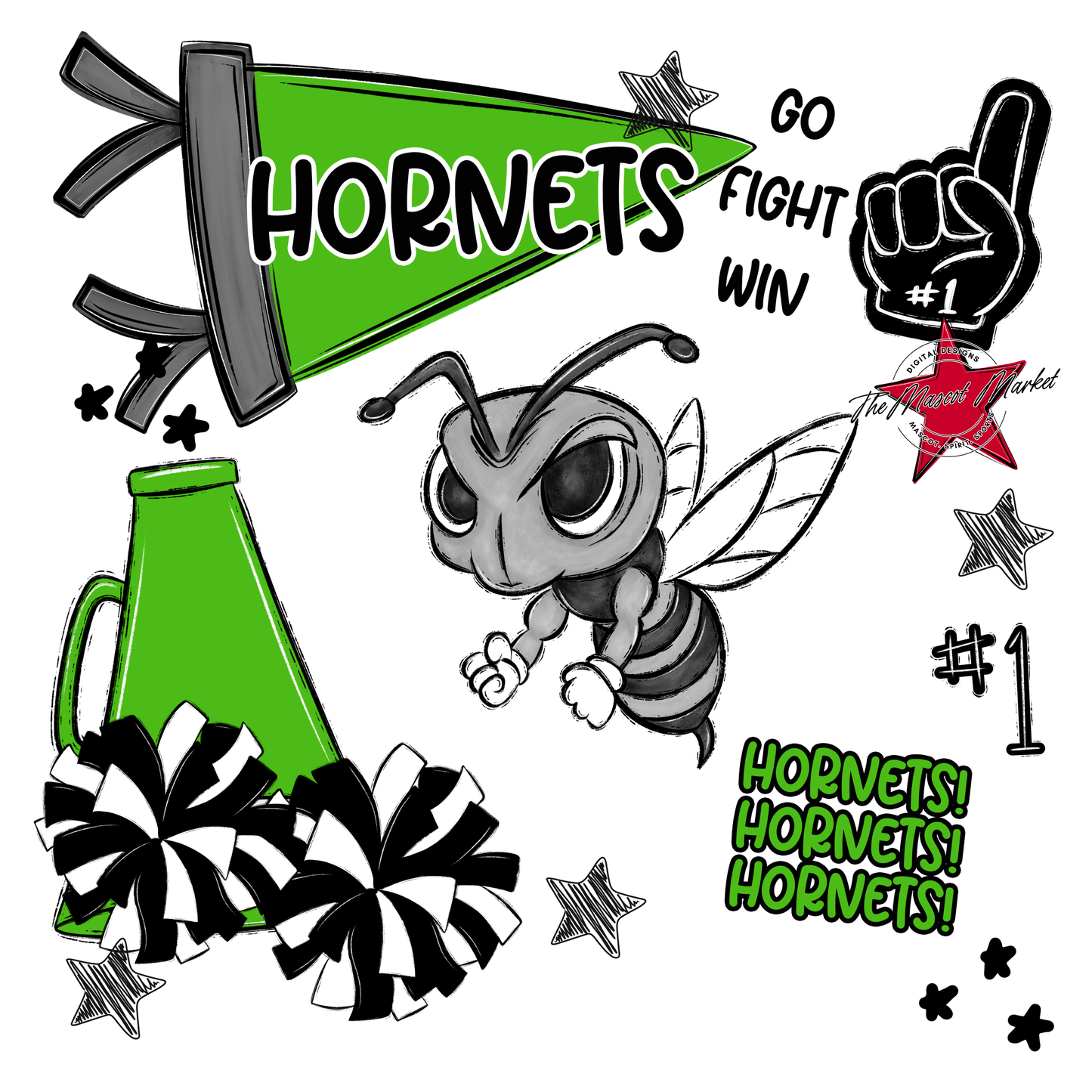 Hornets Mixed Mascot Spirit Design-Bright Green