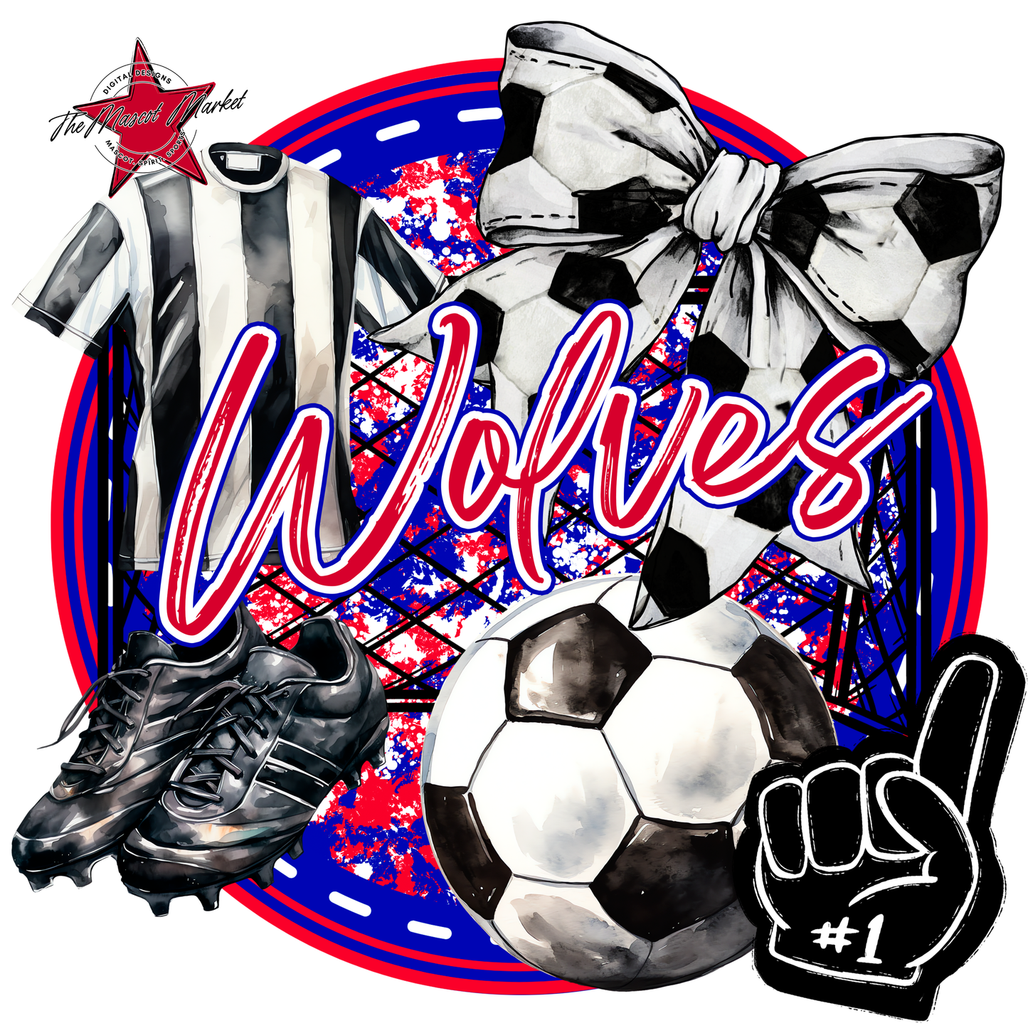 Wolves Circle Soccer Design-Blue-Red