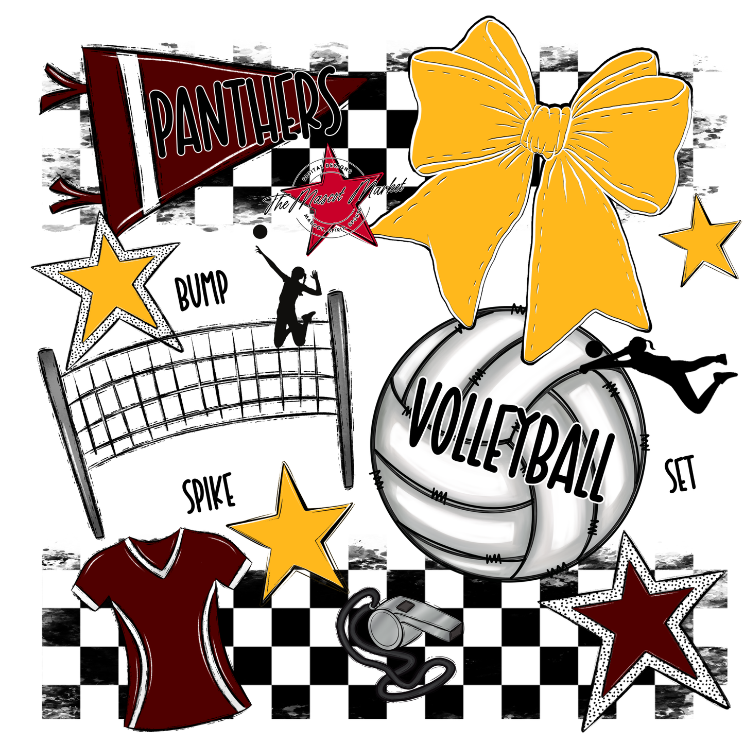 Panthers Checkers Volleyball Spirit Design-Maroon-Yellow