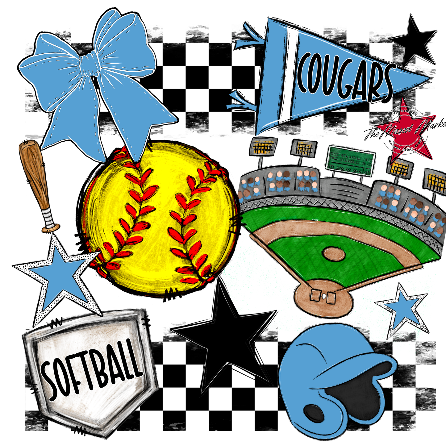 Cougars Checkers Softball Spirit Design-Carolina Blue