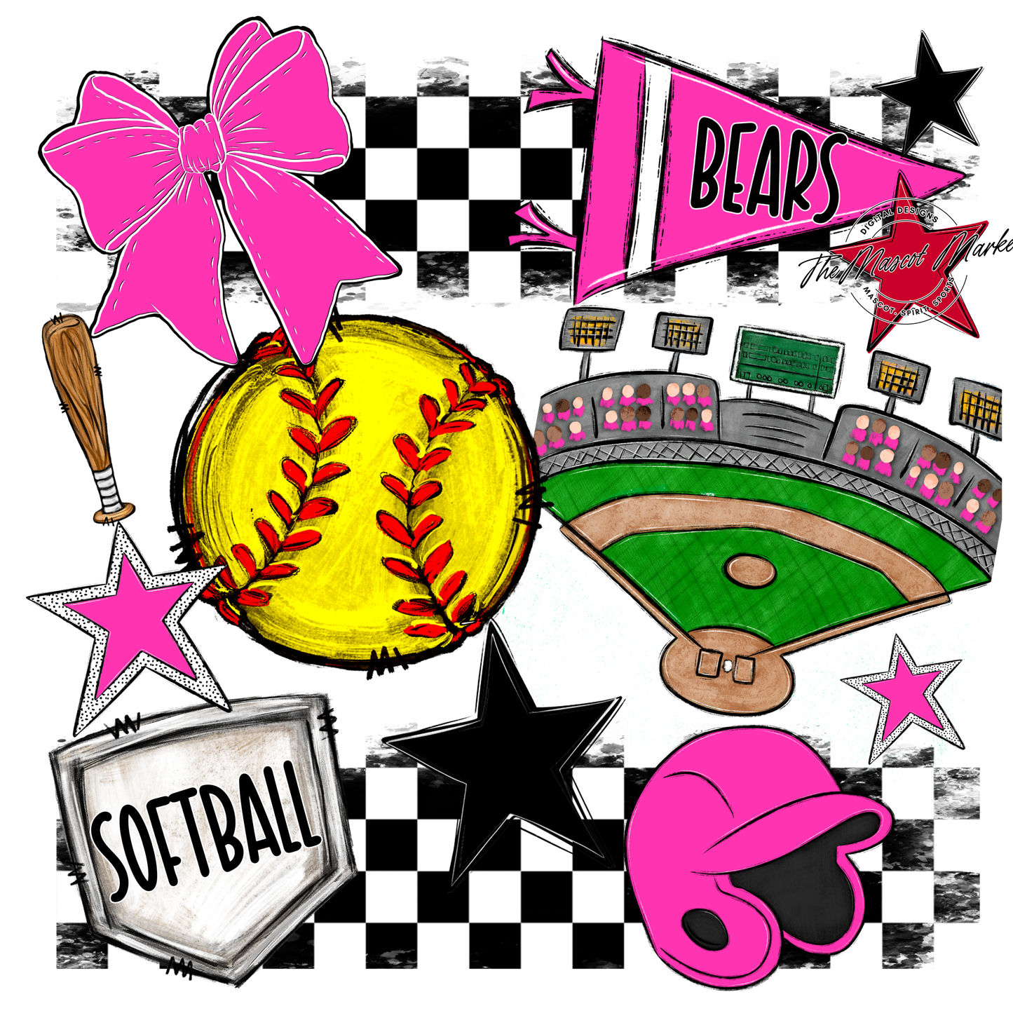 Bears Softball Checkers Design-Pink