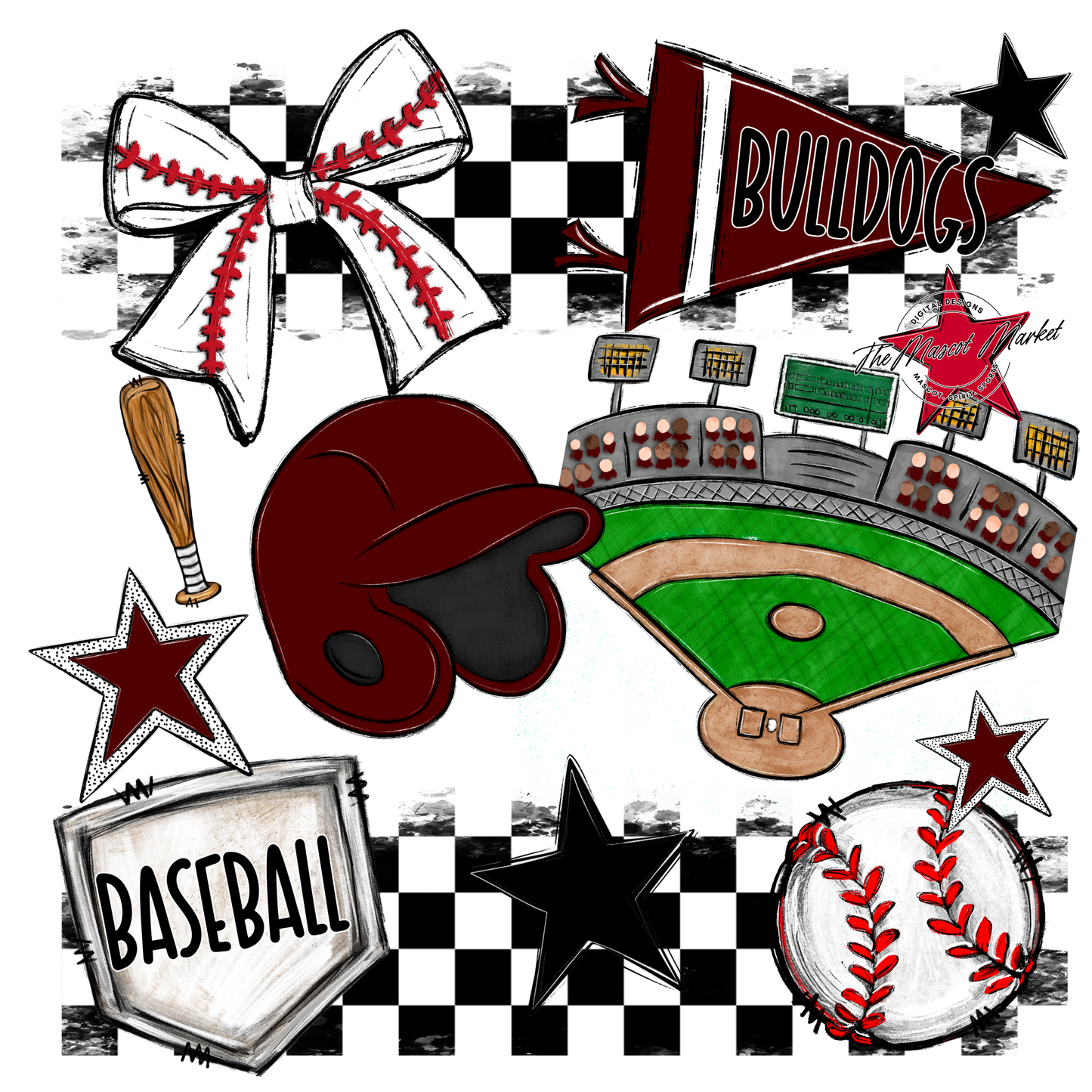 Bulldogs Checkers Baseball Spirit Design-Maroon