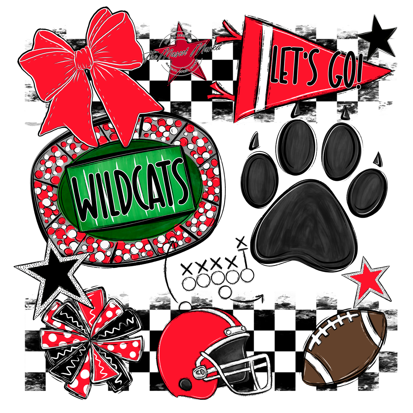 Wildcats Checkers Mascot Spirit Design w Paw-Bright Red