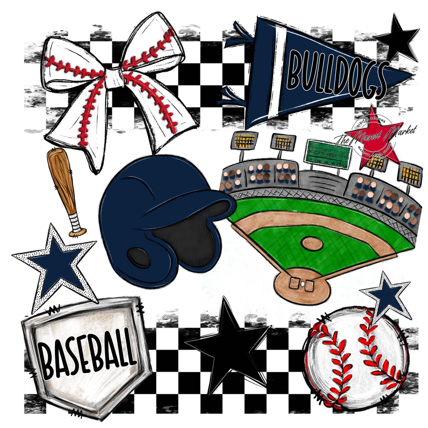 Bulldogs Checkers Baseball Spirit Design-Navy