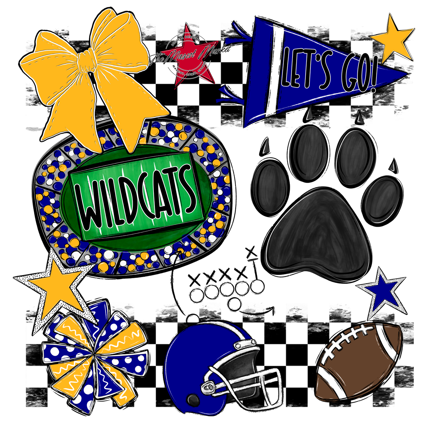 Wildcats Checkers Mascot Spirit Design w Paw-Blue-Yellow