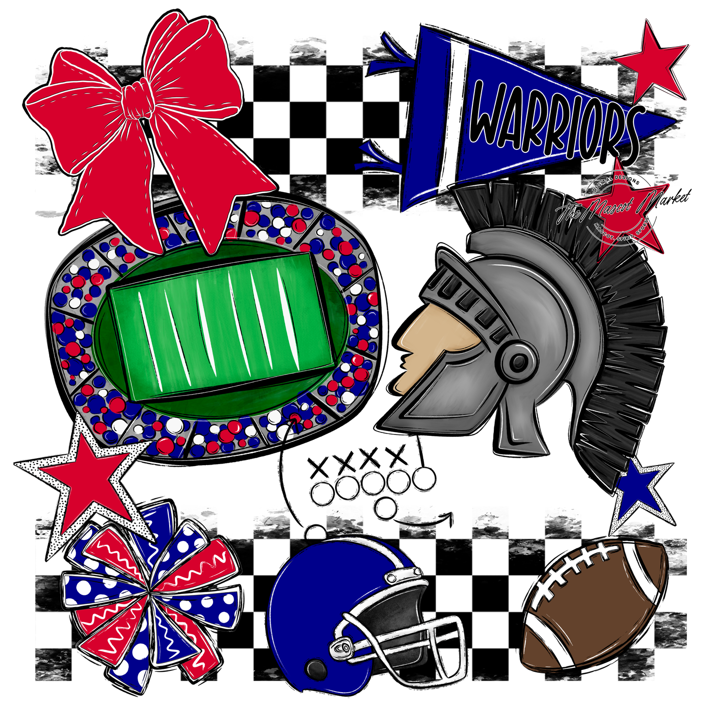 Warriors Checkers Mascot Spirit Design-Blue-Red