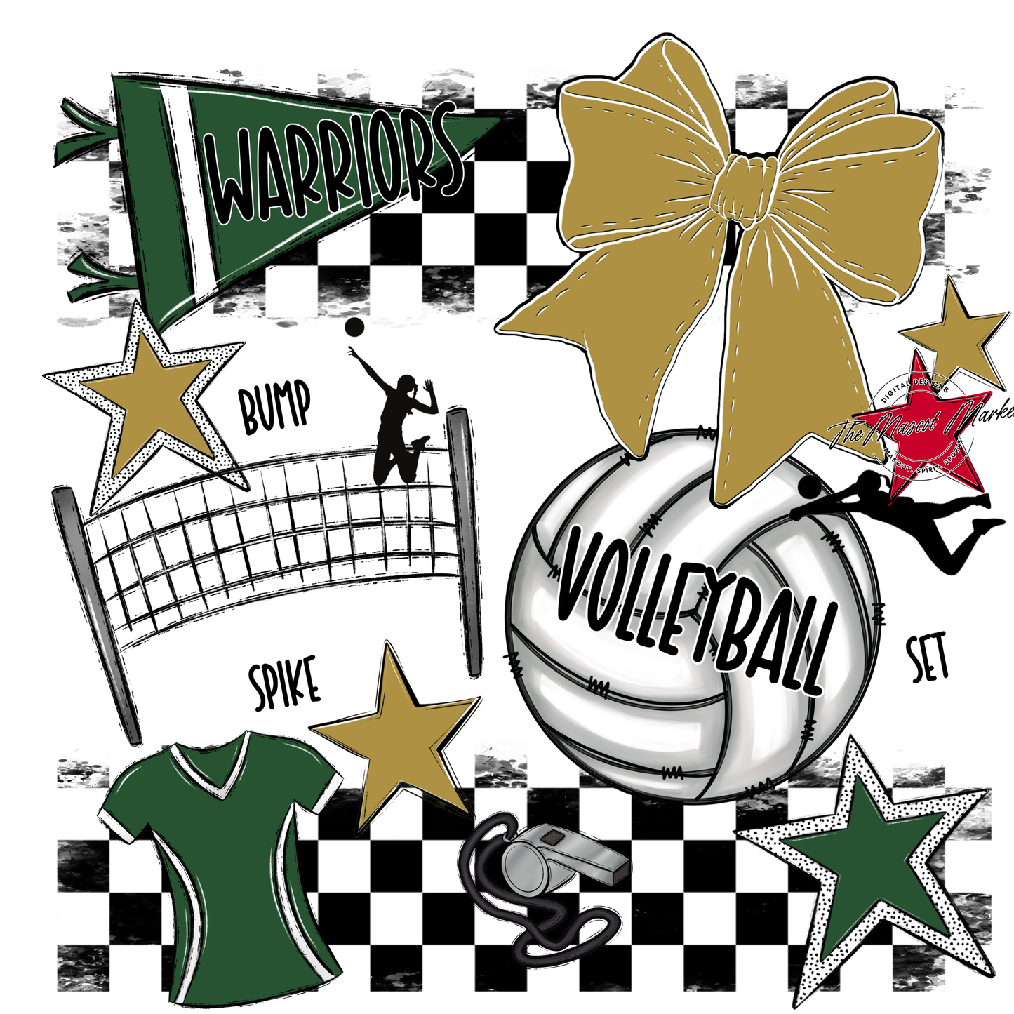 Warriors Checkers Volleyball Spirit Design-Green-Gold