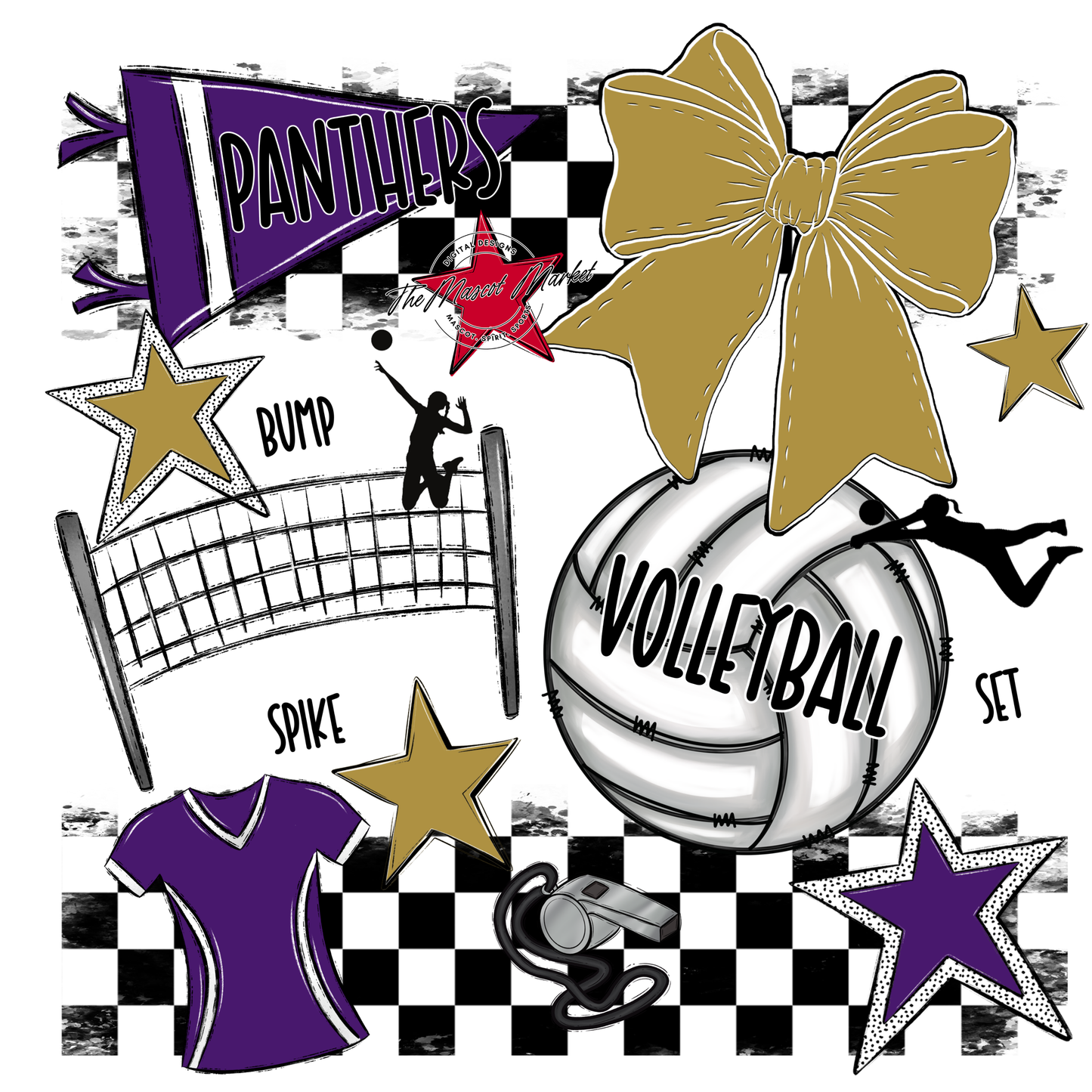 Panthers Checkers Volleyball Spirit Design-Purple-Gold