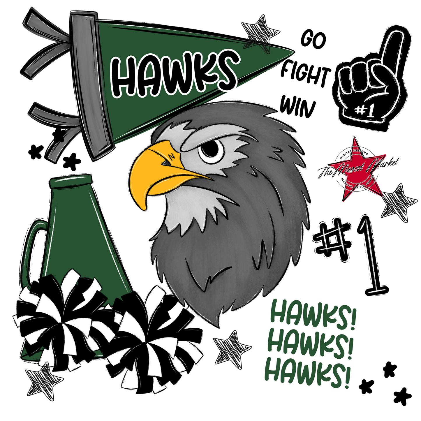 Hawks Mixed Mascot Spirit Design-Green