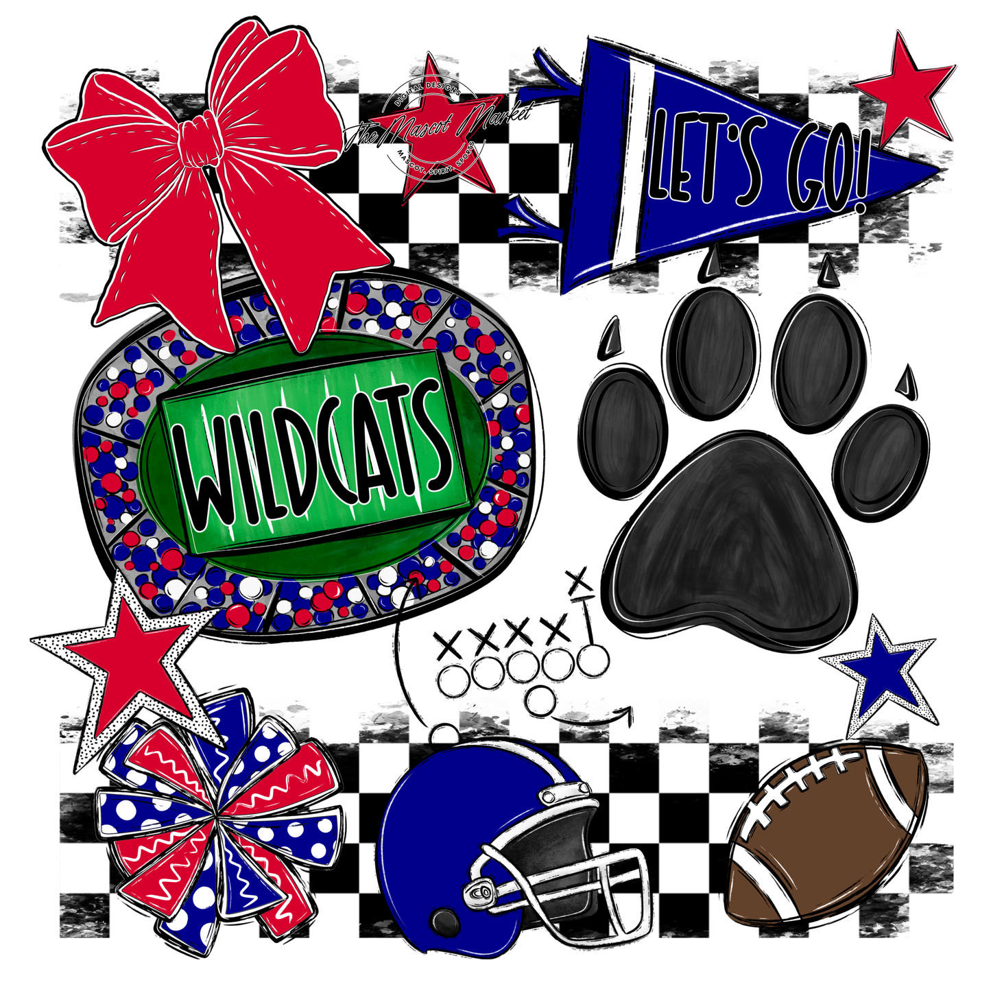 Wildcats Checkers Mascot Spirit Design w Paw-Blue-Red