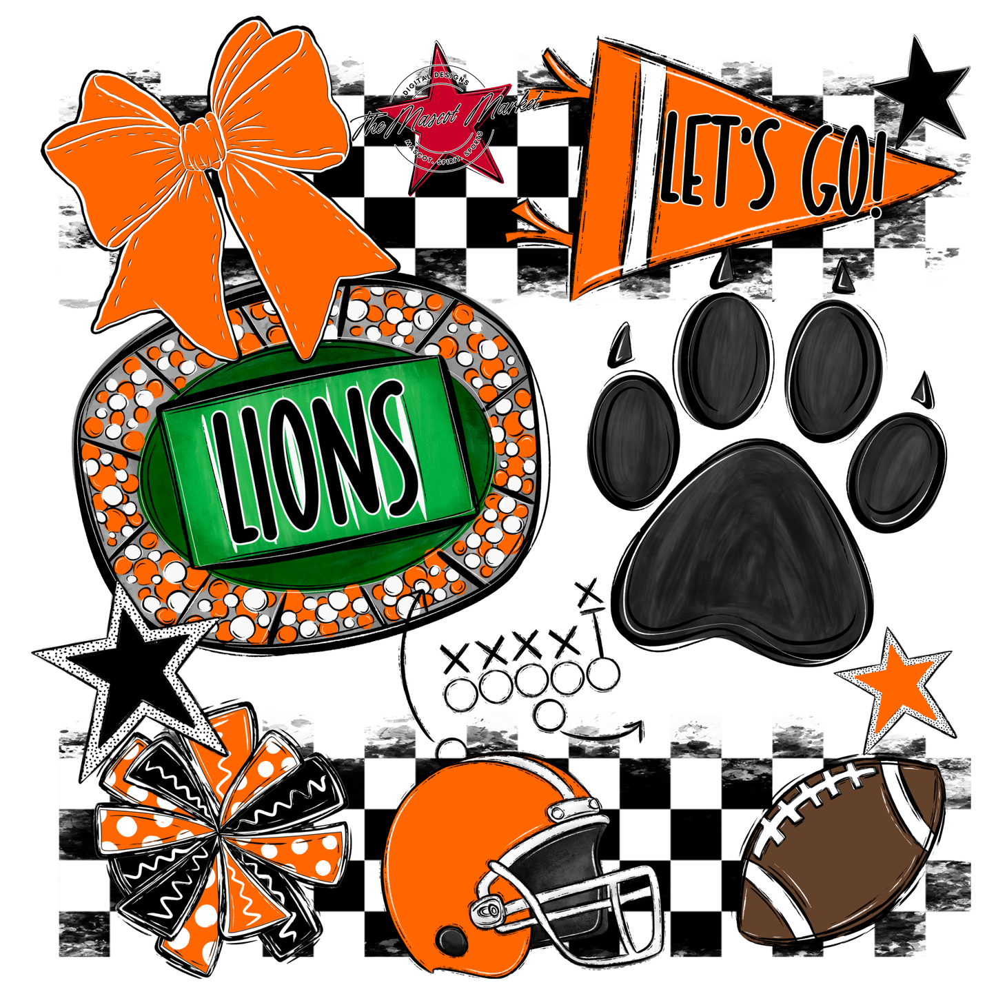 Lions Checkers Mascot Spirit Design w Paw-Orange