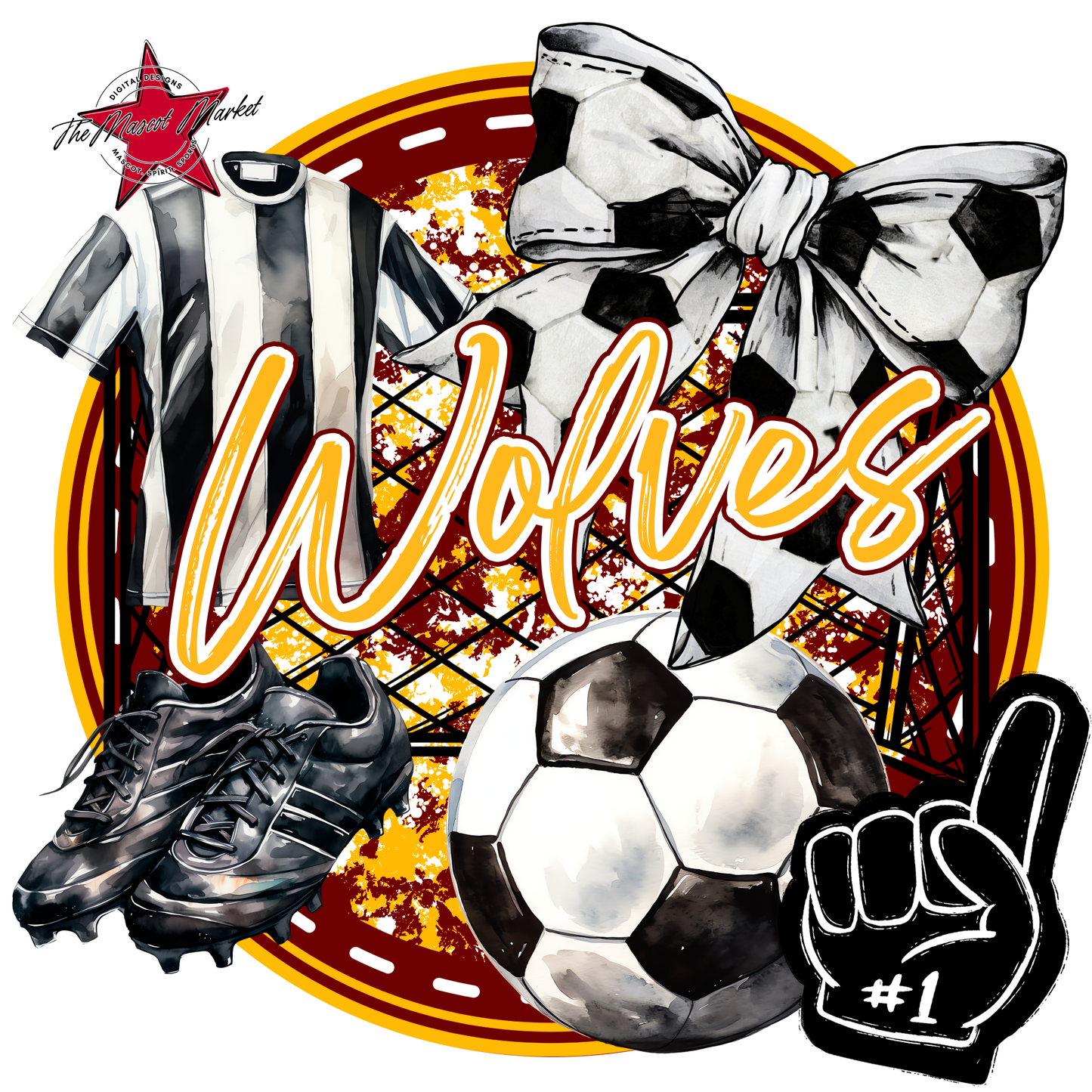 Wolves Circle Soccer Design-Maroon-Yellow
