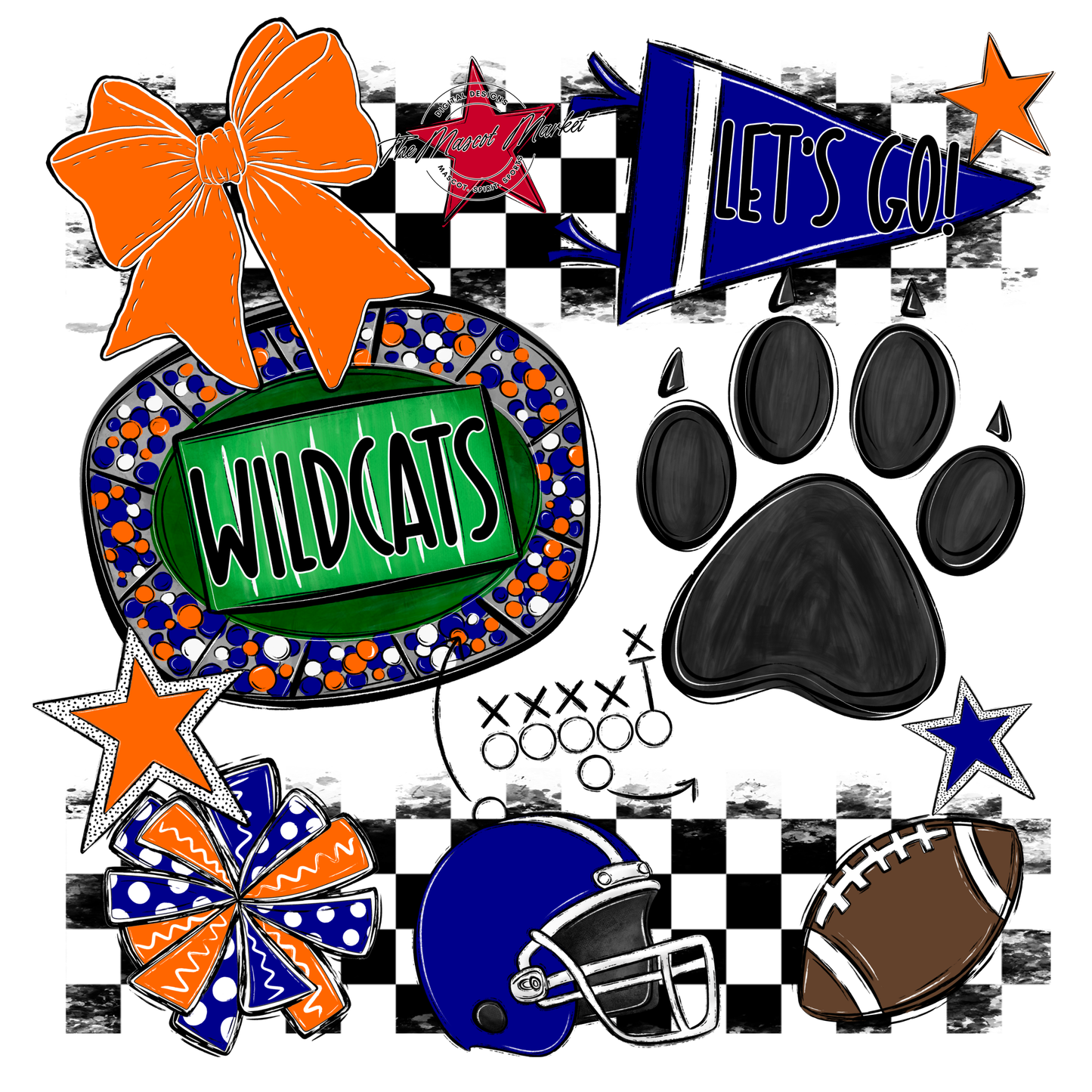 Wildcats Checkers Mascot Spirit Design w Paw-Blue-Orange